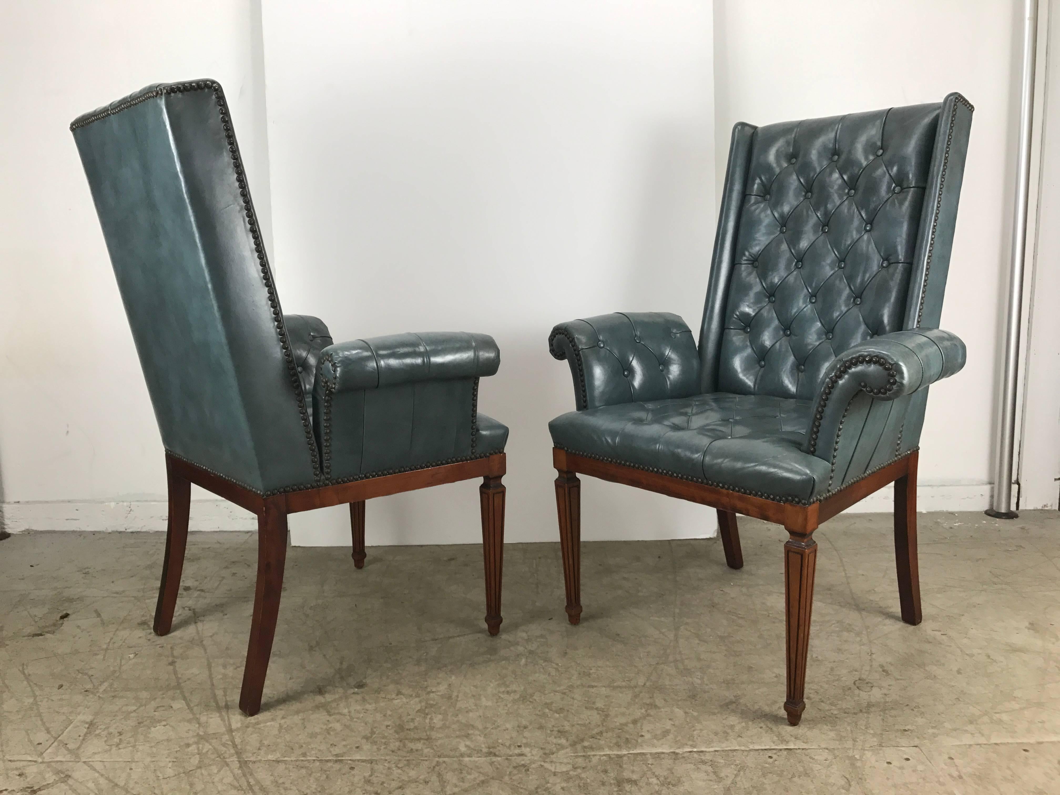 Stunning Blue Leather Button Tufted Regency Armchairs, Tommi Parzinger 1