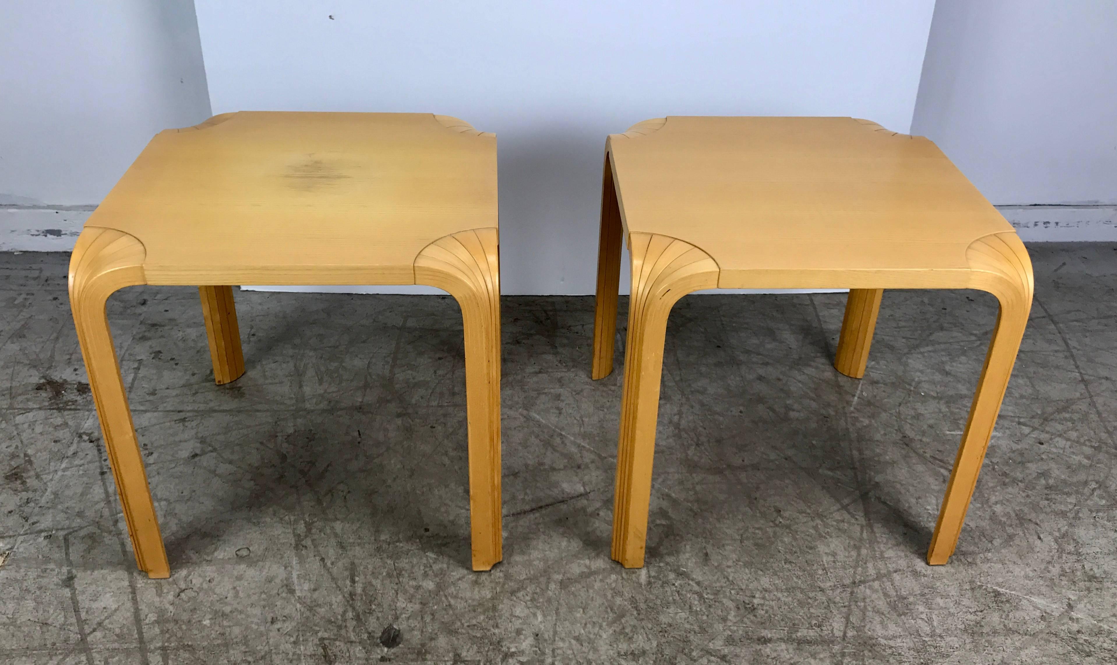 This fan leg stool or side table was designed by Alvar Aalto for Artek.
Tables in nice original condition. One table, approximately 6 inch diameter stain/ dis coloration. digital photos make stain appear worse then actual mark, amazing, warm