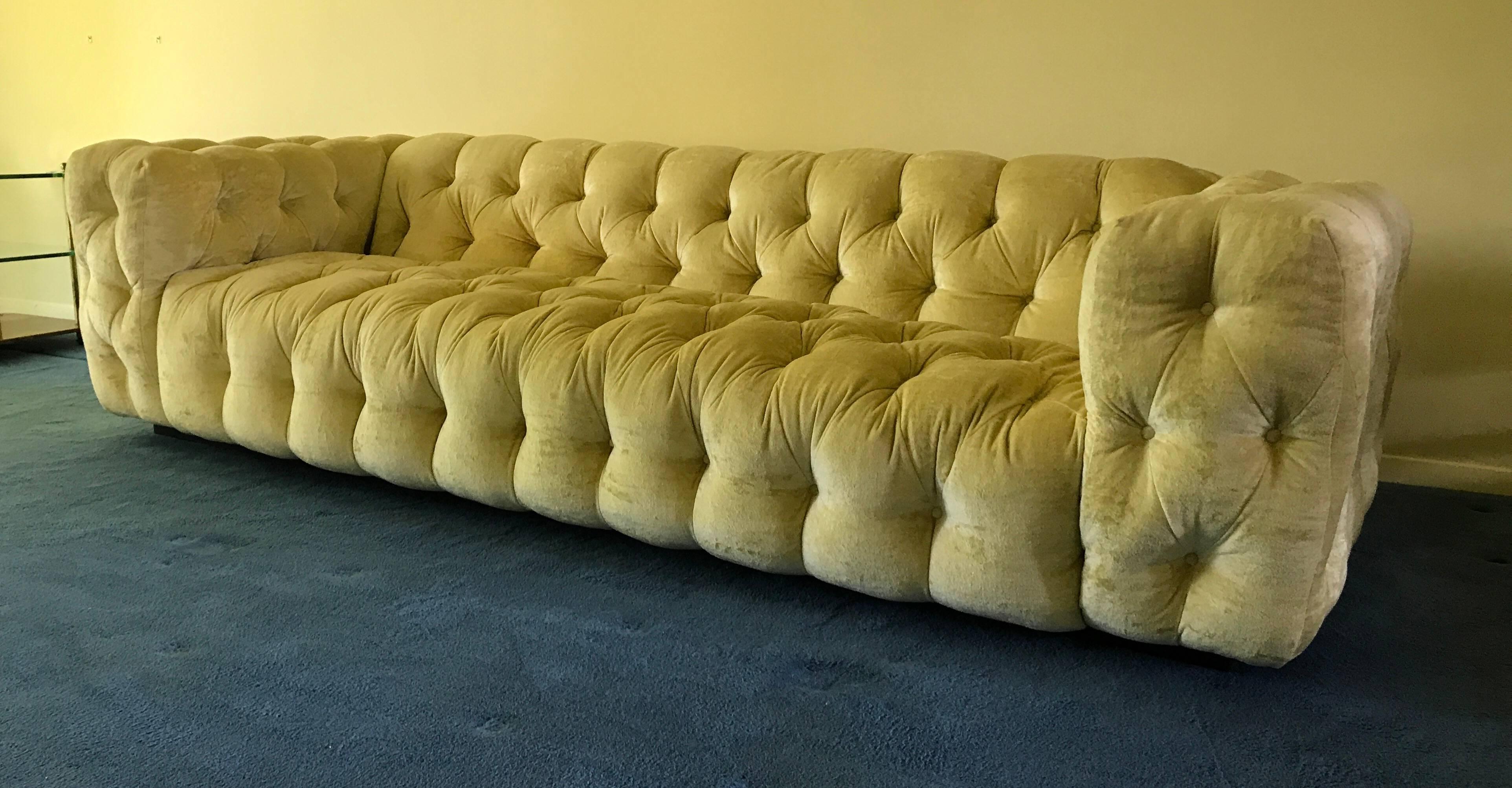 Elusive velvet button tufted sofa designed by Milo Baughman for Thayer Coggin. Stunning Pale yellow velvet upholstery, fully tufted arms, sides and even the back, so that the sofa can be positioned and its elegance viewed from any angle, Close up