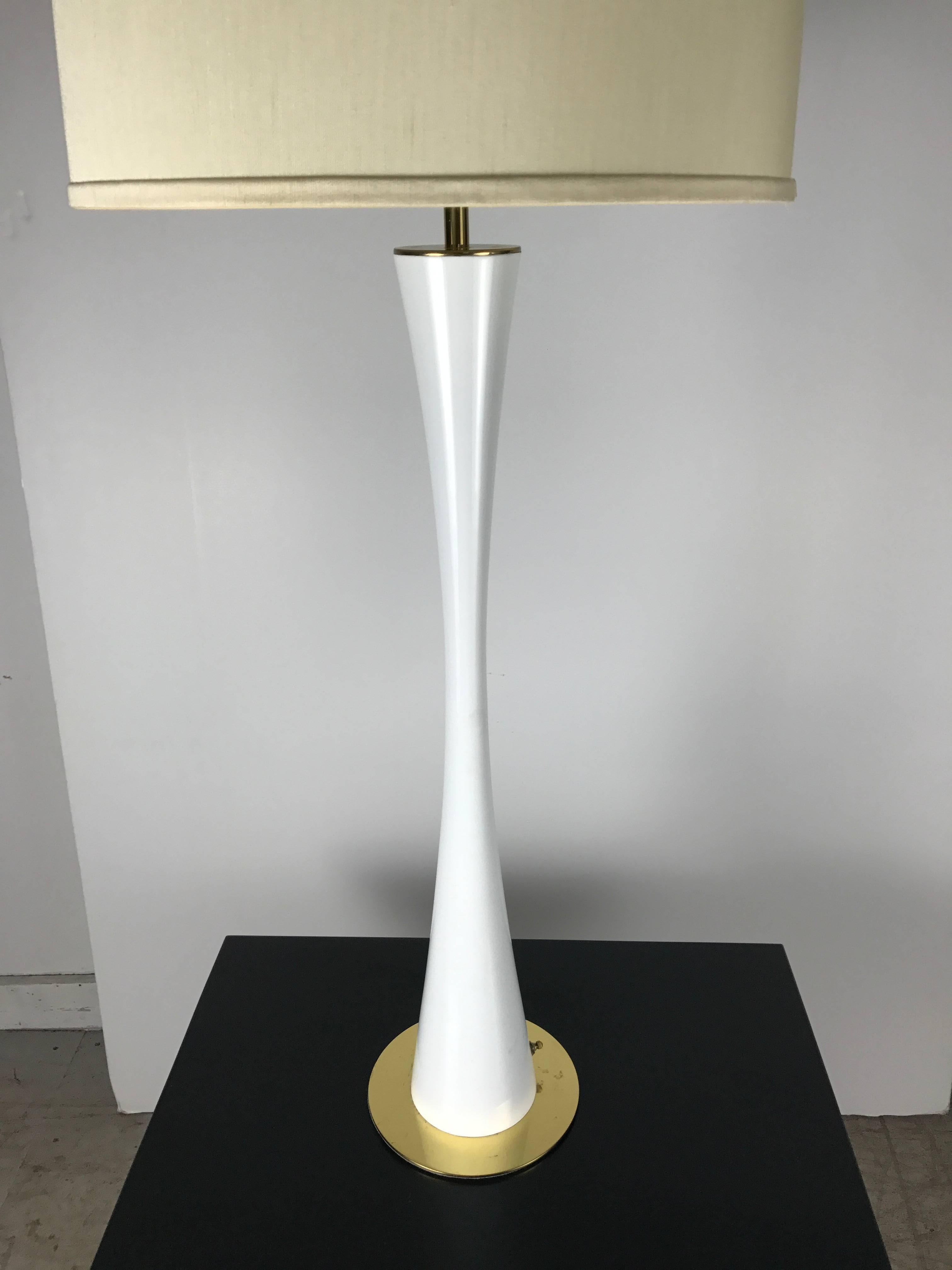 Enameled Elegant Tall White Enamel and Brass Hourglass Lamp by Stewart Ross James For Sale
