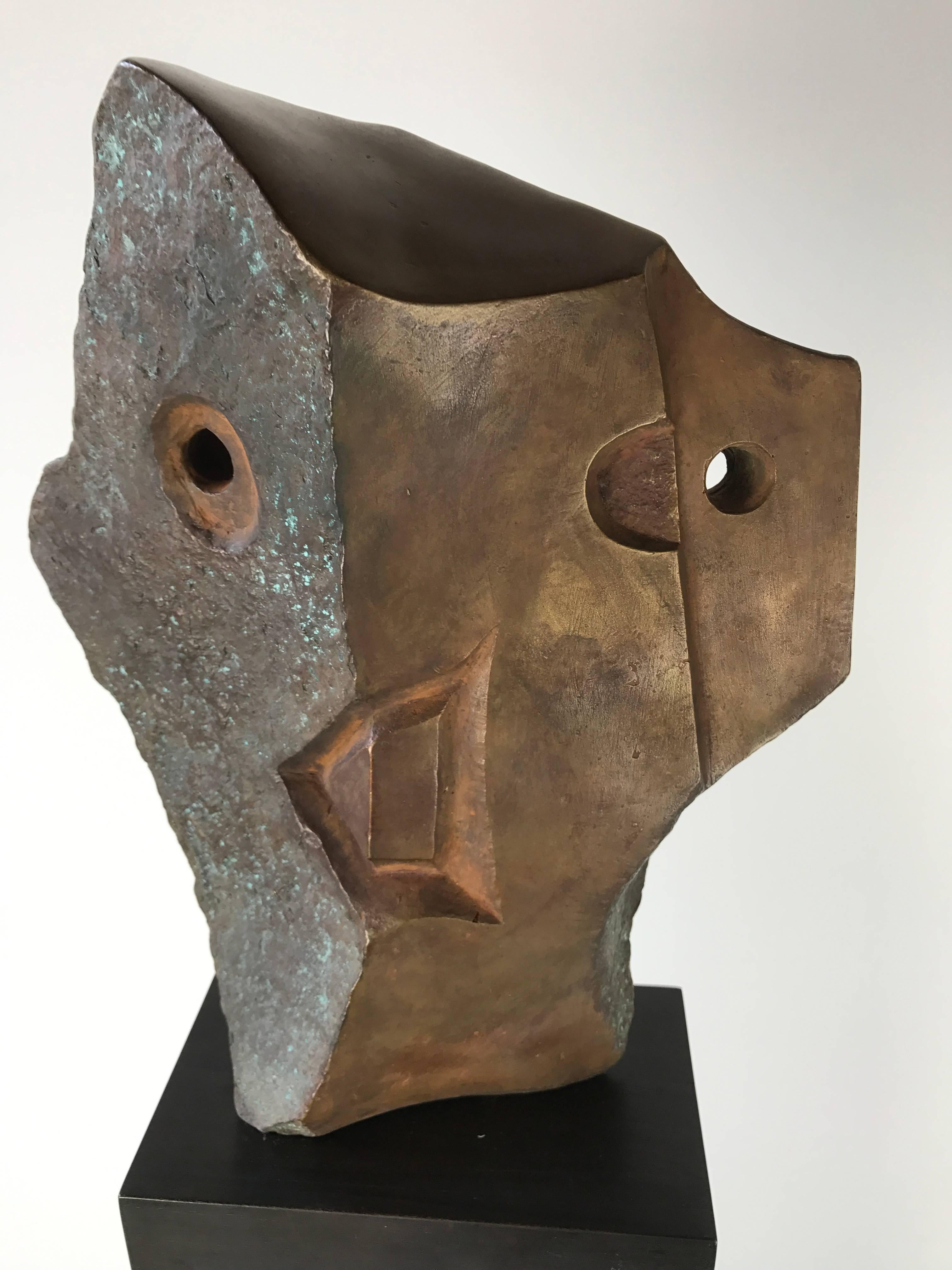 Contemporary Modernist Bronze Angular Head Sculpture by Christian Roesch