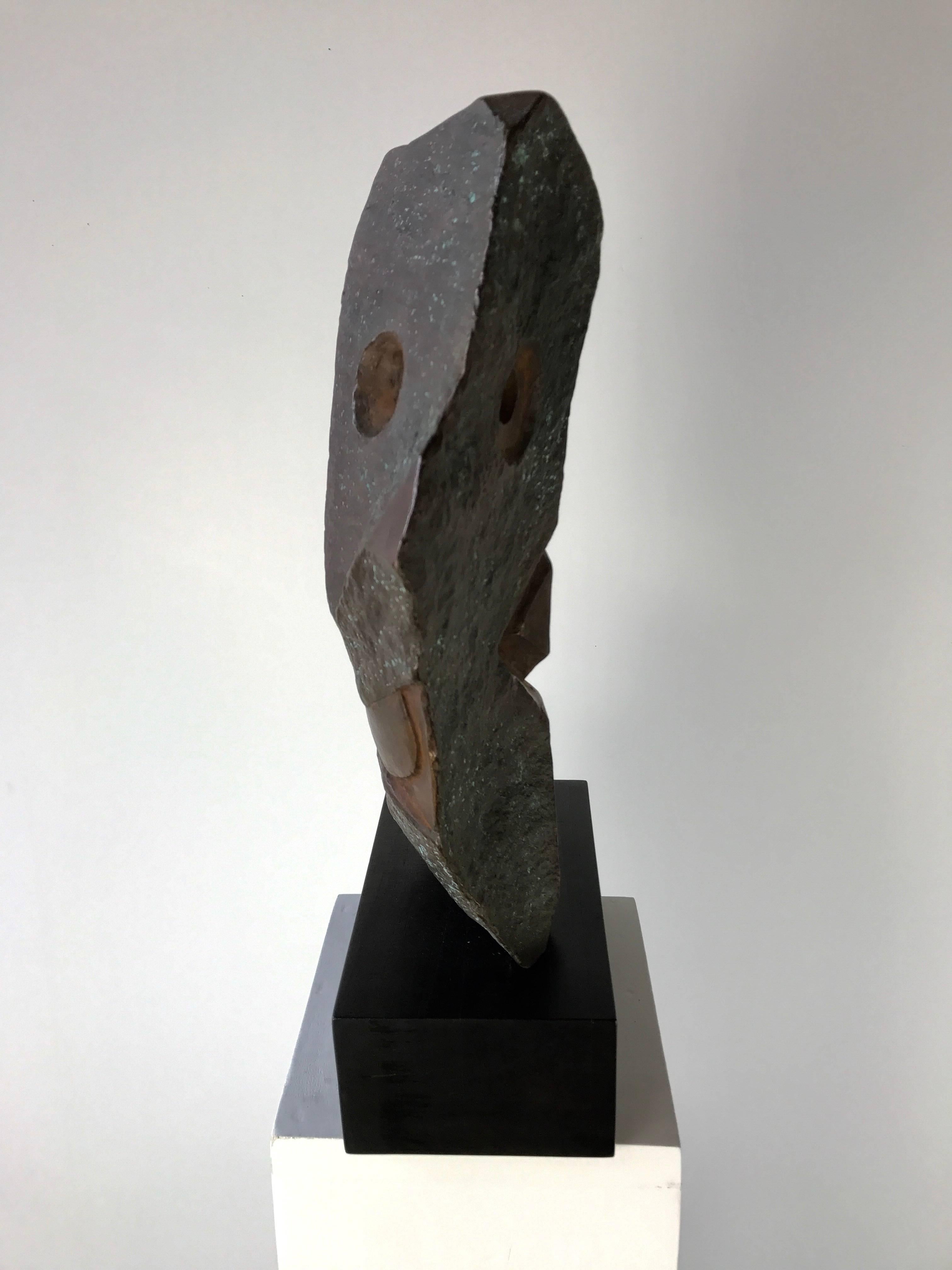 Modernist bronze Angular head sculpture by Christian Roesch New York City Studios.,Piccaso -like design, featuring four cubist faces depending on how sculpture is viewed, Wonderful patina, finish, Recently acquired from Annette Cravens Estate,