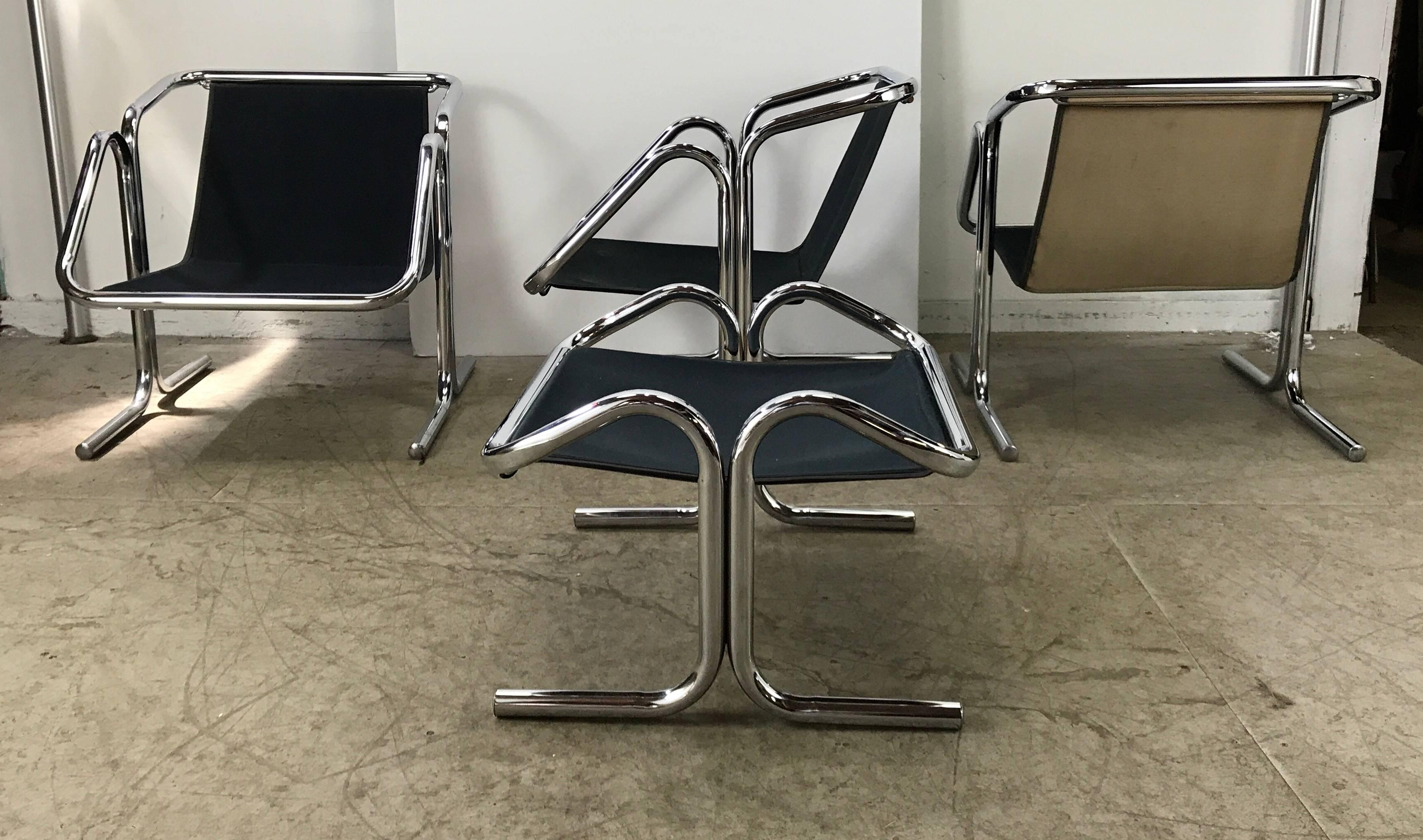 Mid-Century Modern Set of Three Chairs and Ottoman by Jerry Johnson, Modernist Chrome/Canvas/Wool