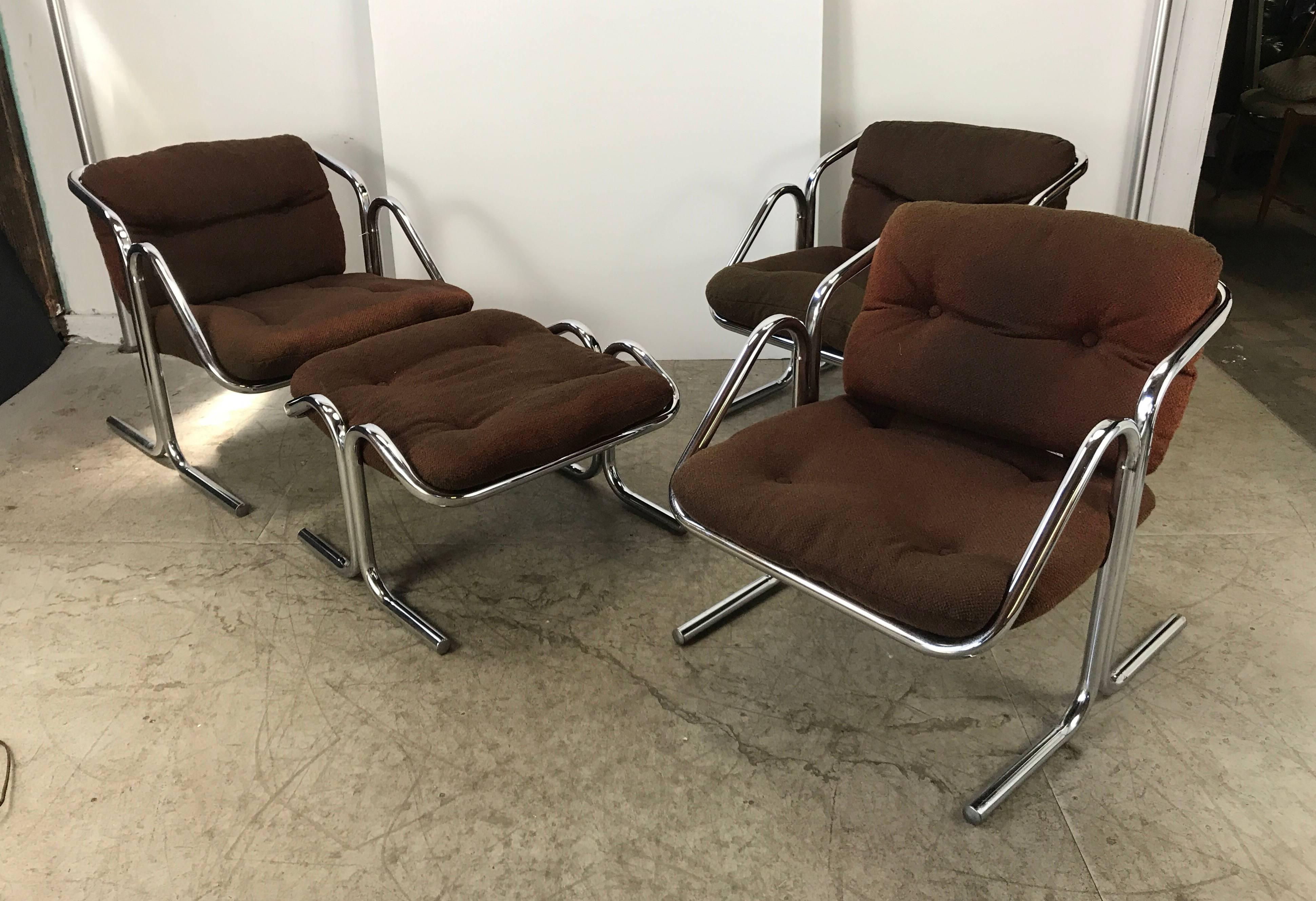 American Set of Three Chairs and Ottoman by Jerry Johnson, Modernist Chrome/Canvas/Wool