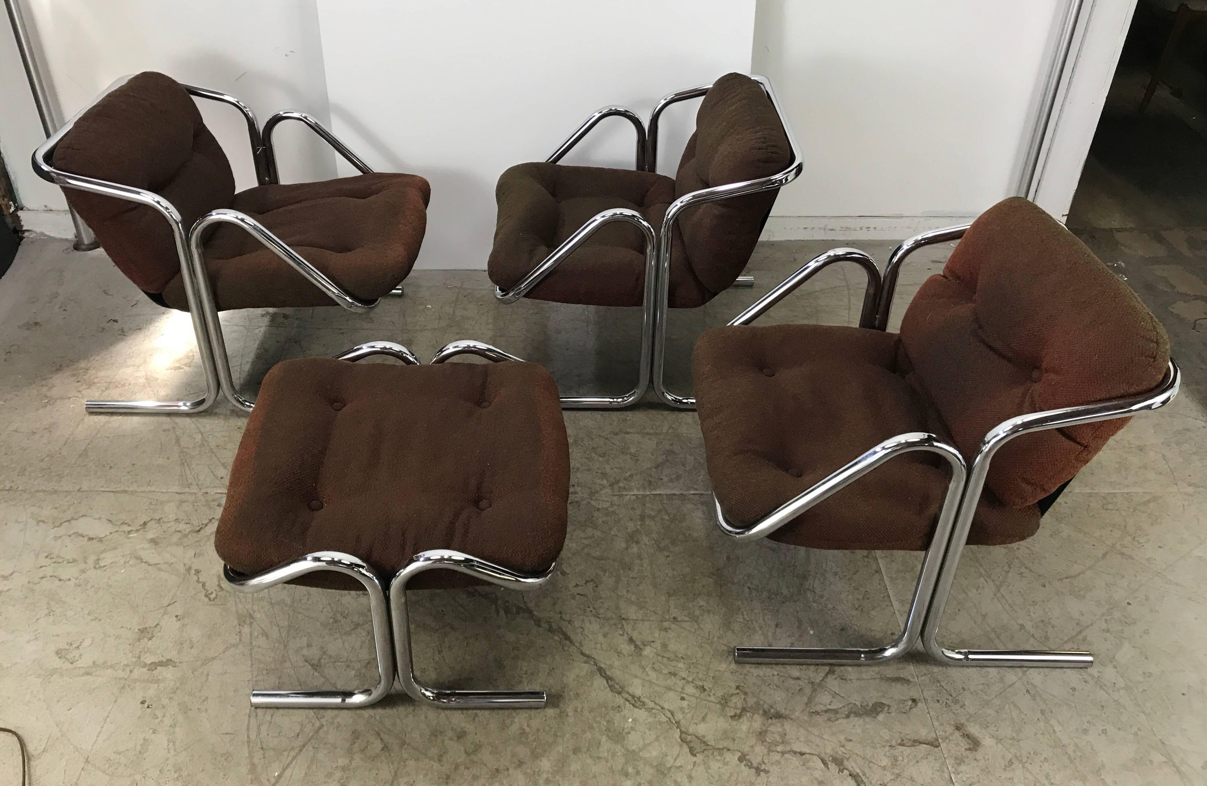 Set of Three Chairs and Ottoman by Jerry Johnson, Modernist Chrome/Canvas/Wool In Good Condition In Buffalo, NY
