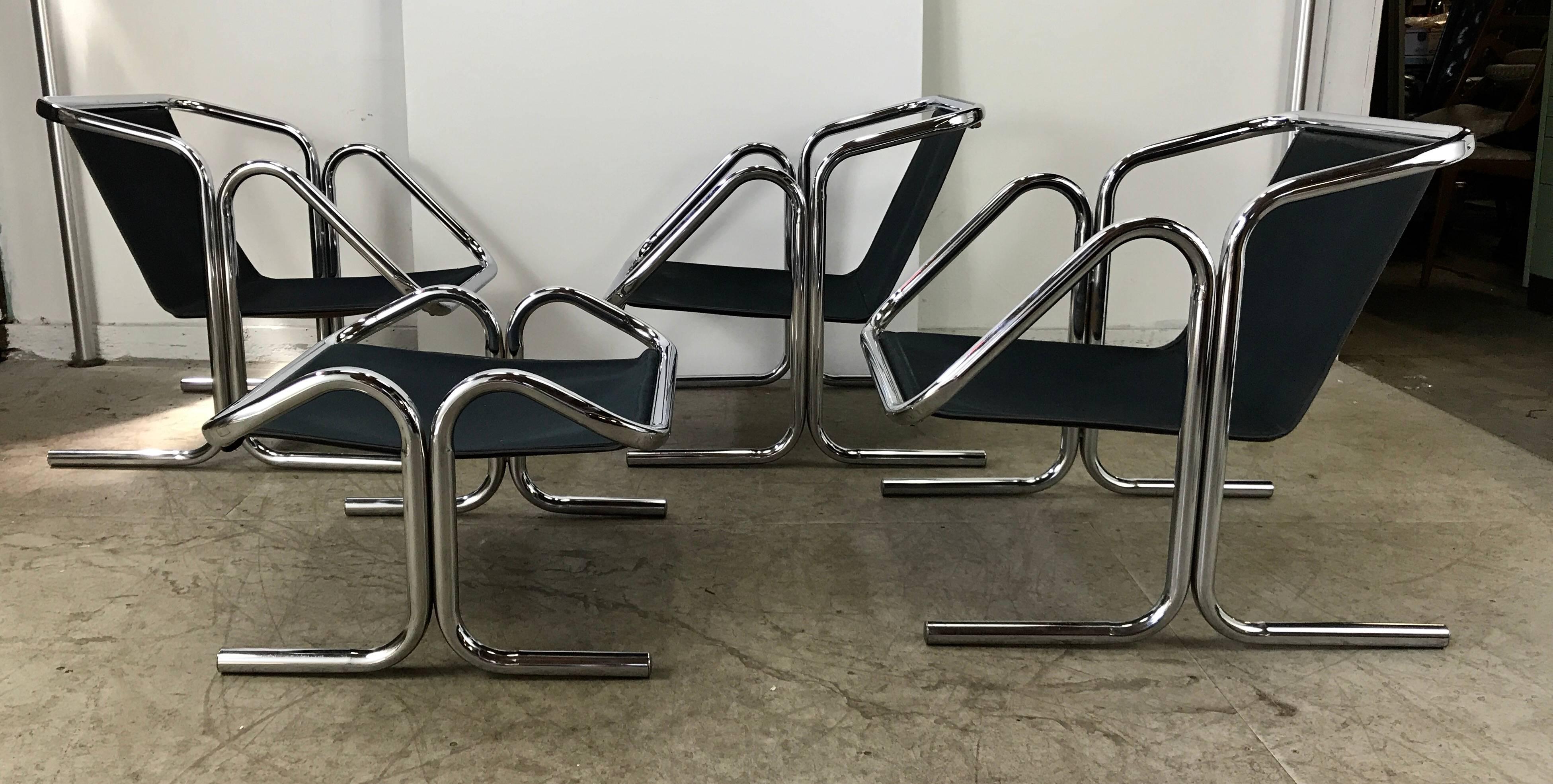 20th Century Set of Three Chairs and Ottoman by Jerry Johnson, Modernist Chrome/Canvas/Wool
