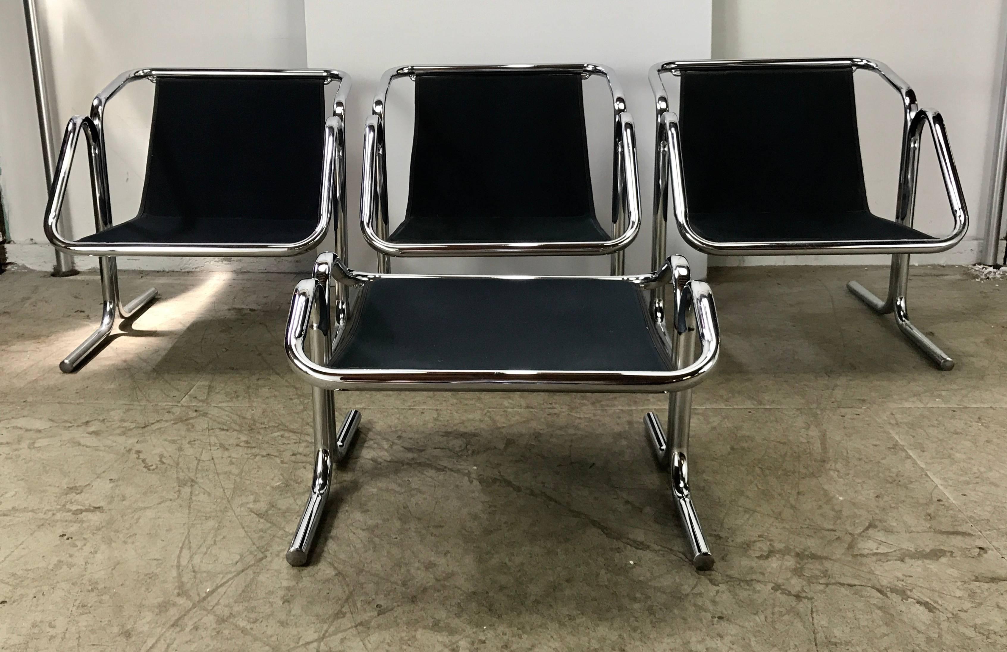 Set of Three Chairs and Ottoman by Jerry Johnson, Modernist Chrome/Canvas/Wool 1