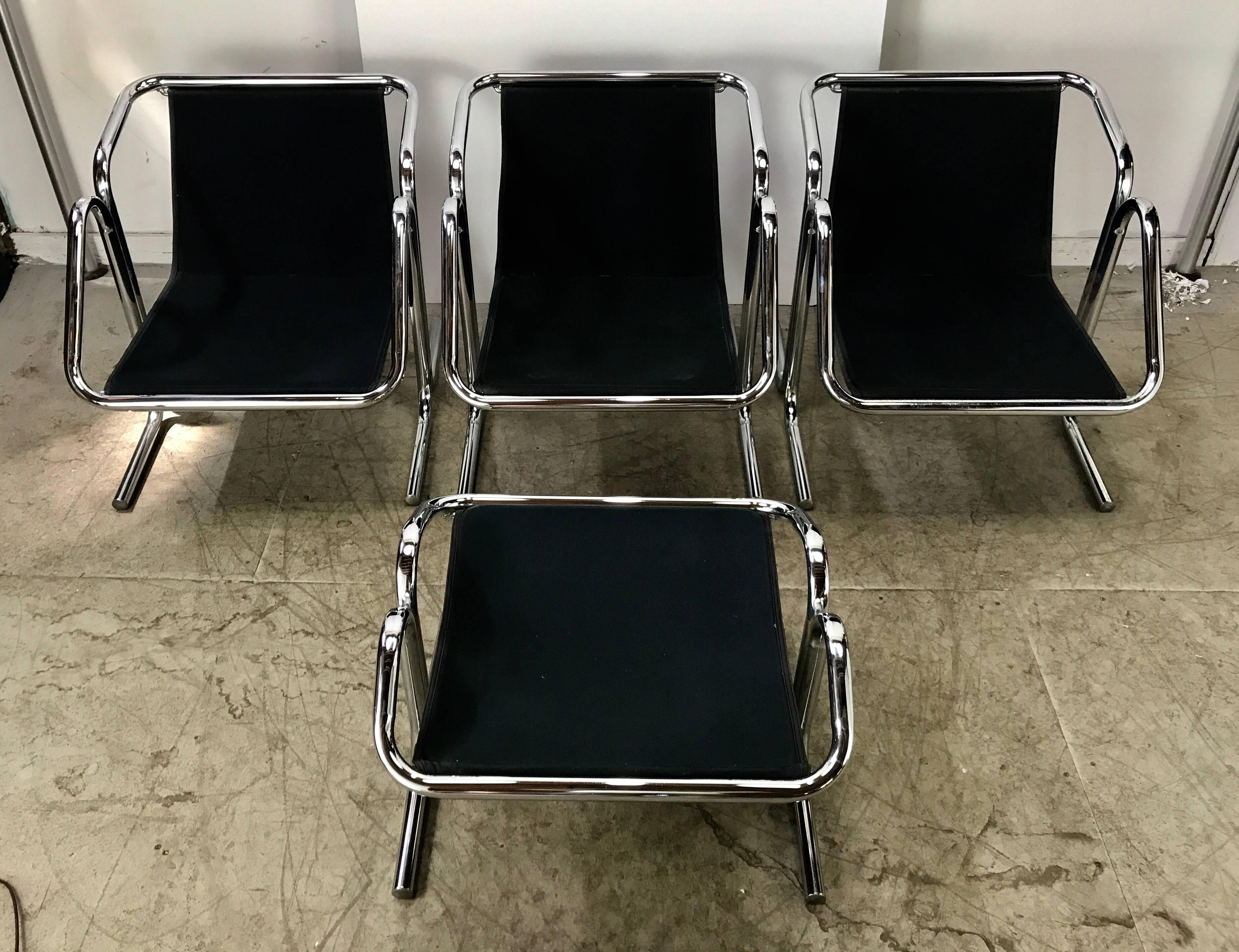 Set of Three Chairs and Ottoman by Jerry Johnson, Modernist Chrome/Canvas/Wool 2
