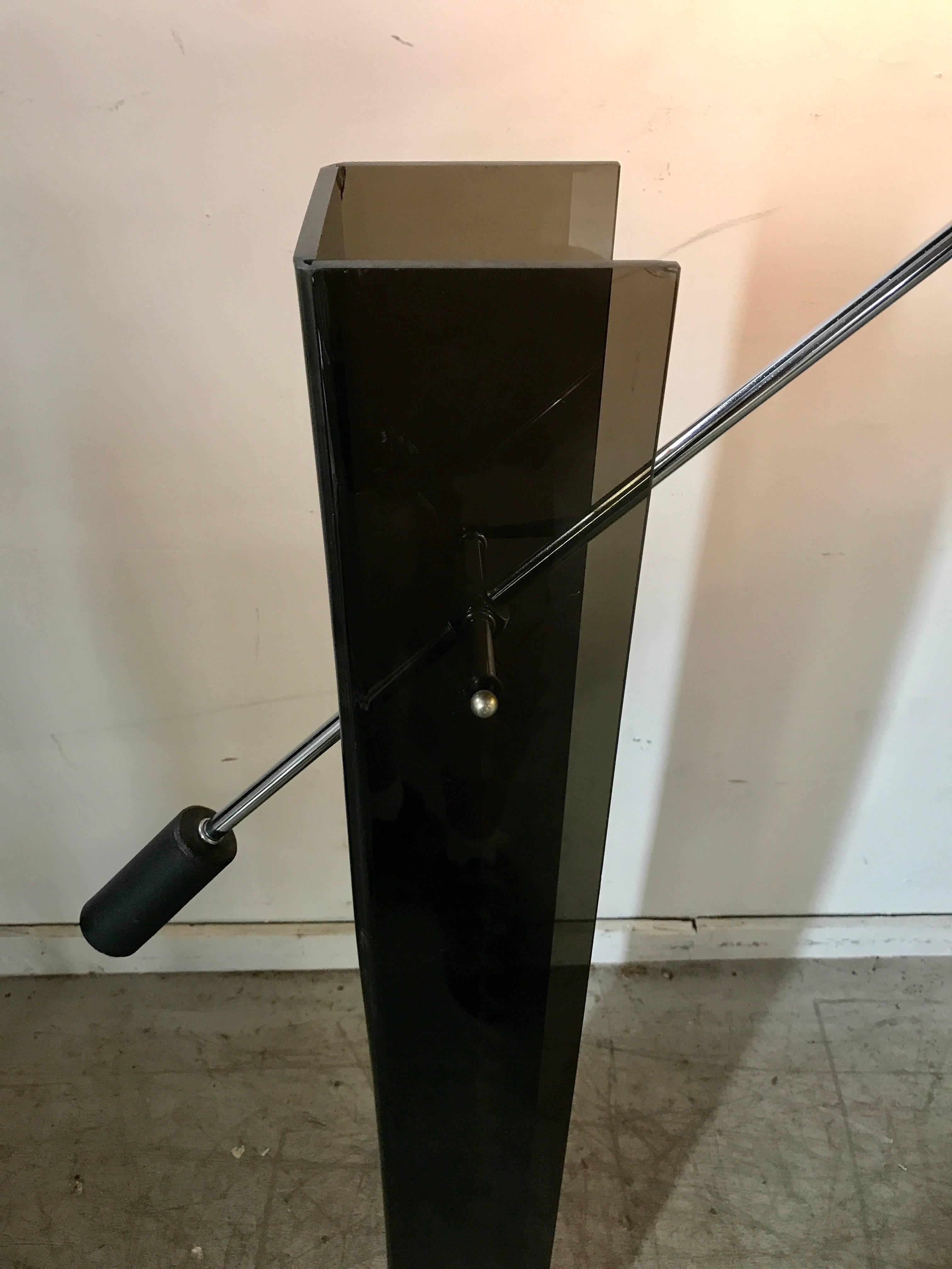 American Mid-Century Modern Black Acrylic and Chrome Adjustable Arm Floor Lamp For Sale