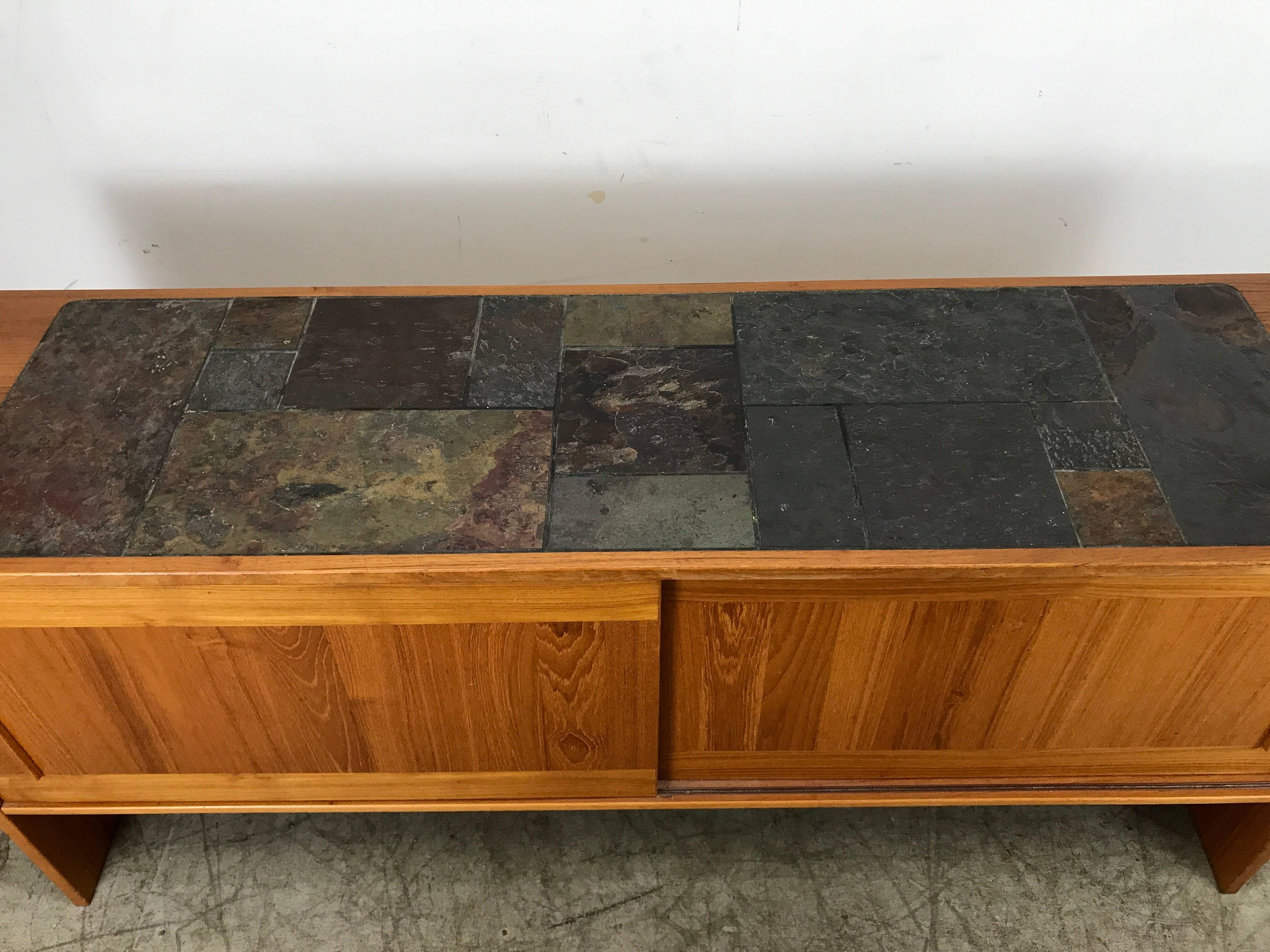 Scandinavian Modern Danish Modern Teak and Slate Tile Top Credenza or Sideboard by Gangso Moblier