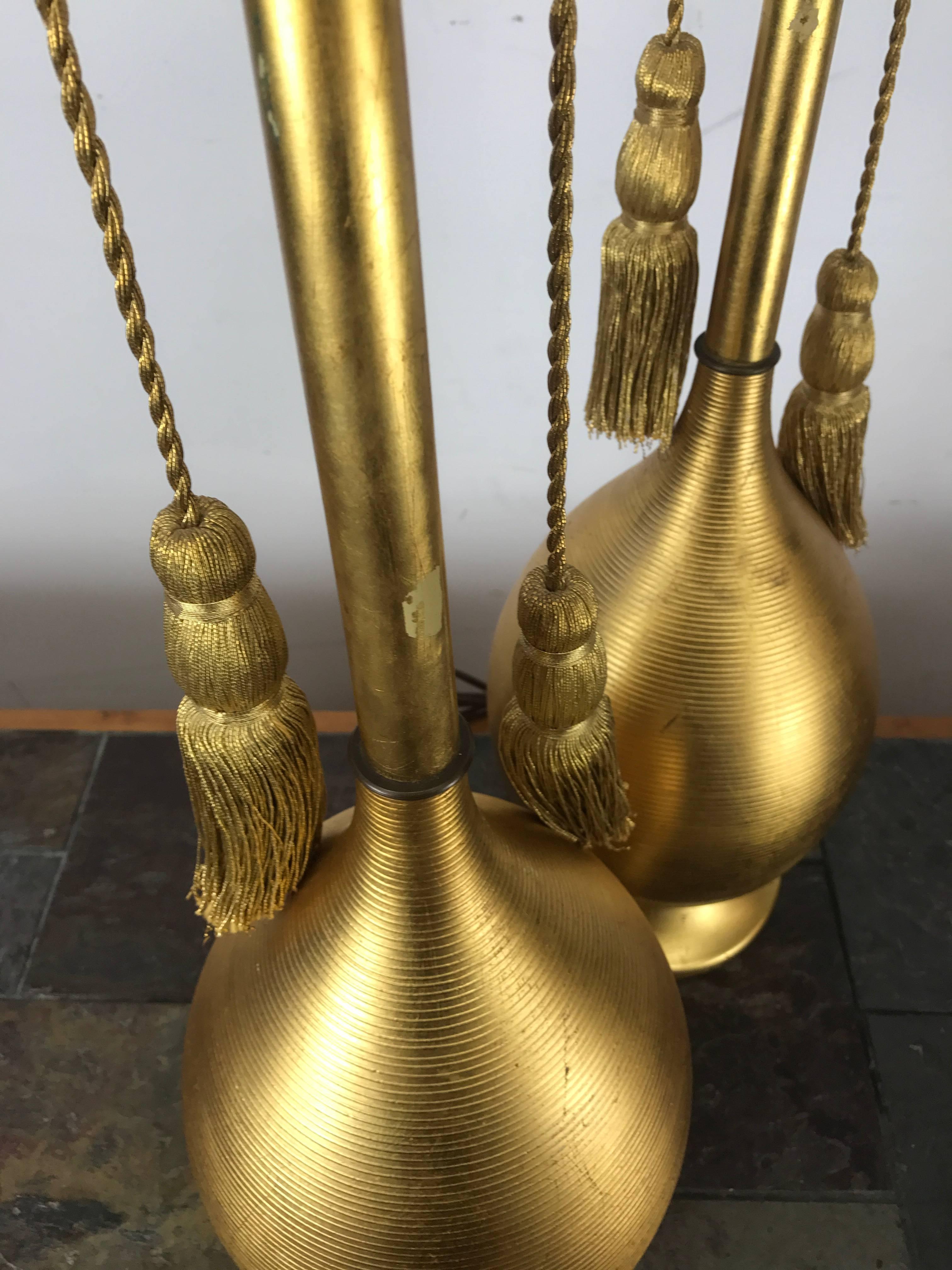 Mid-Century Modern Stunning Gold Gilded Metal, Modernist Regency Table Lamps, Italy For Sale