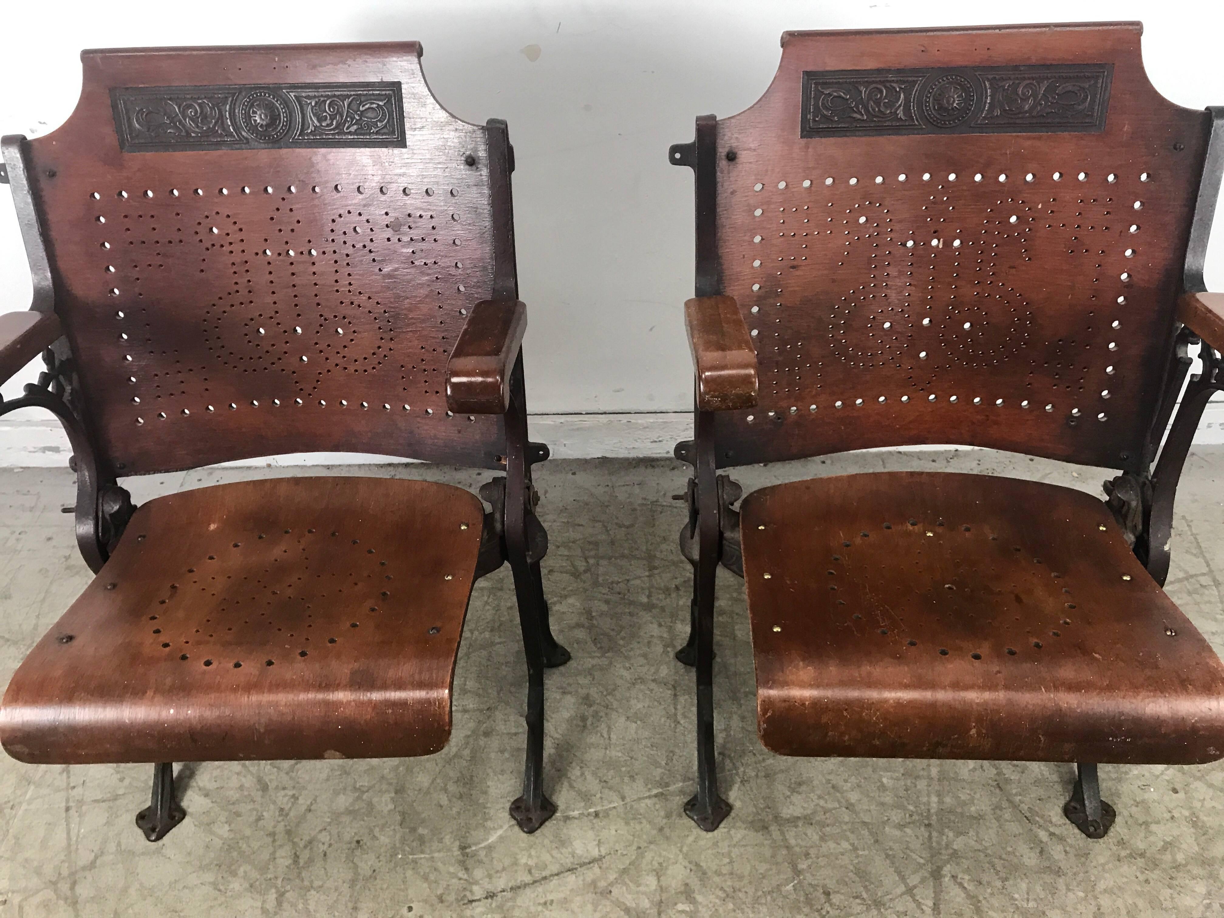 Aesthetic Movement Early Cast Iron and Wood Theater or Opera Chairs A.H. Andrews, circa 1886