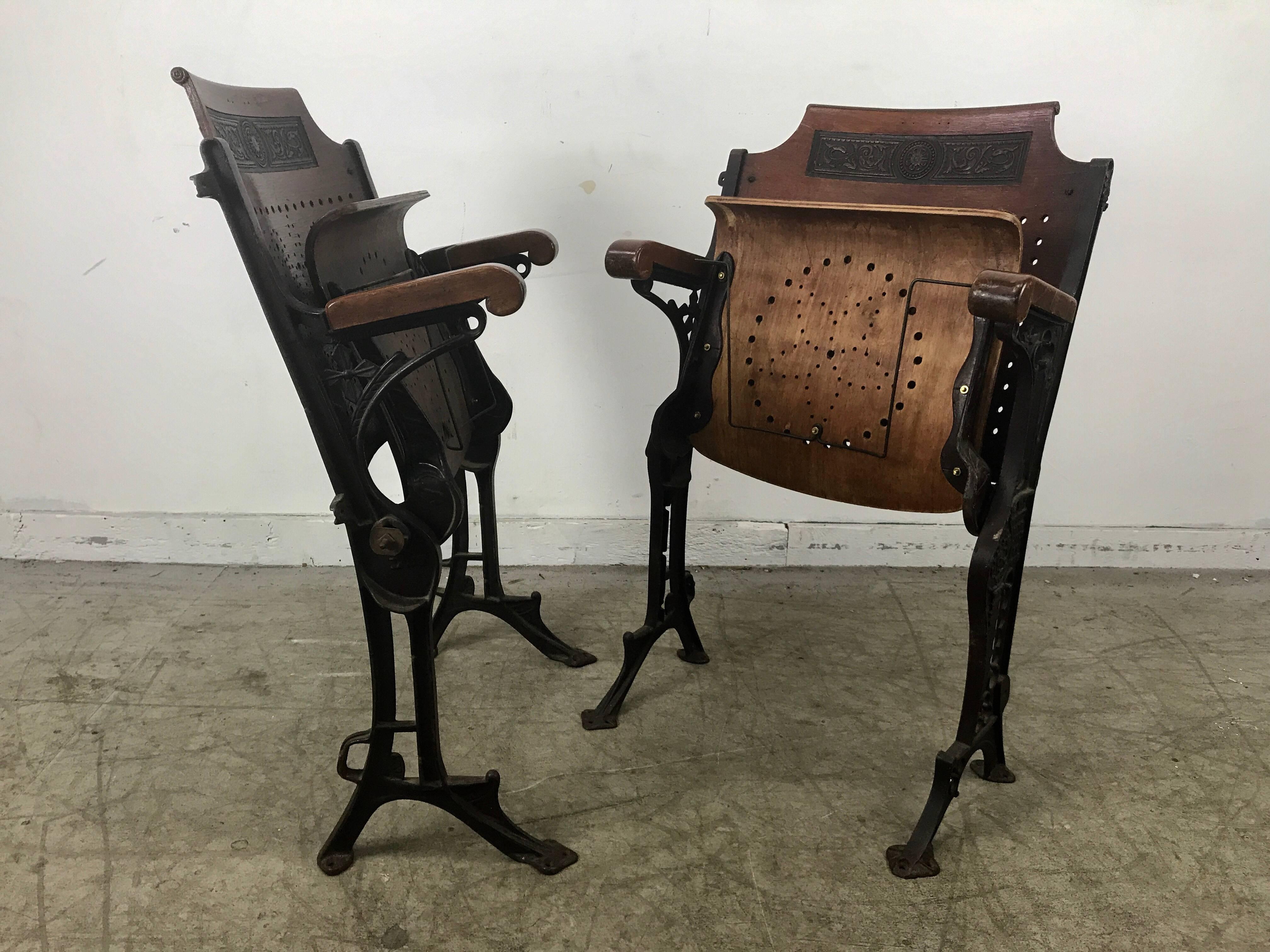 Late 19th Century Early Cast Iron and Wood Theater or Opera Chairs A.H. Andrews, circa 1886