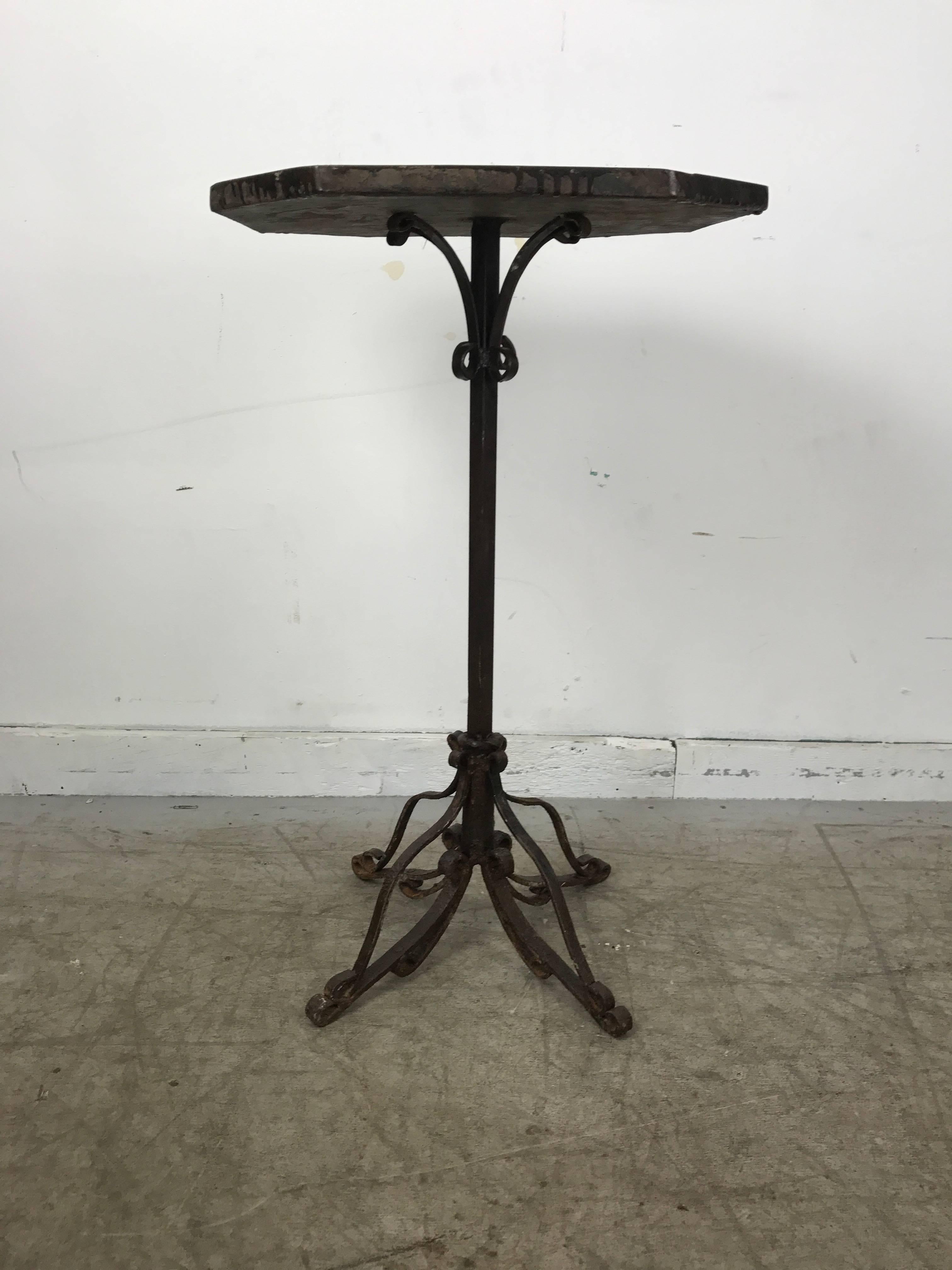 Stunning Arts and Crafts iron and tile-top stand or table, made in Italy, Wonderful in-set clay tiles, hand-wrought iron base.