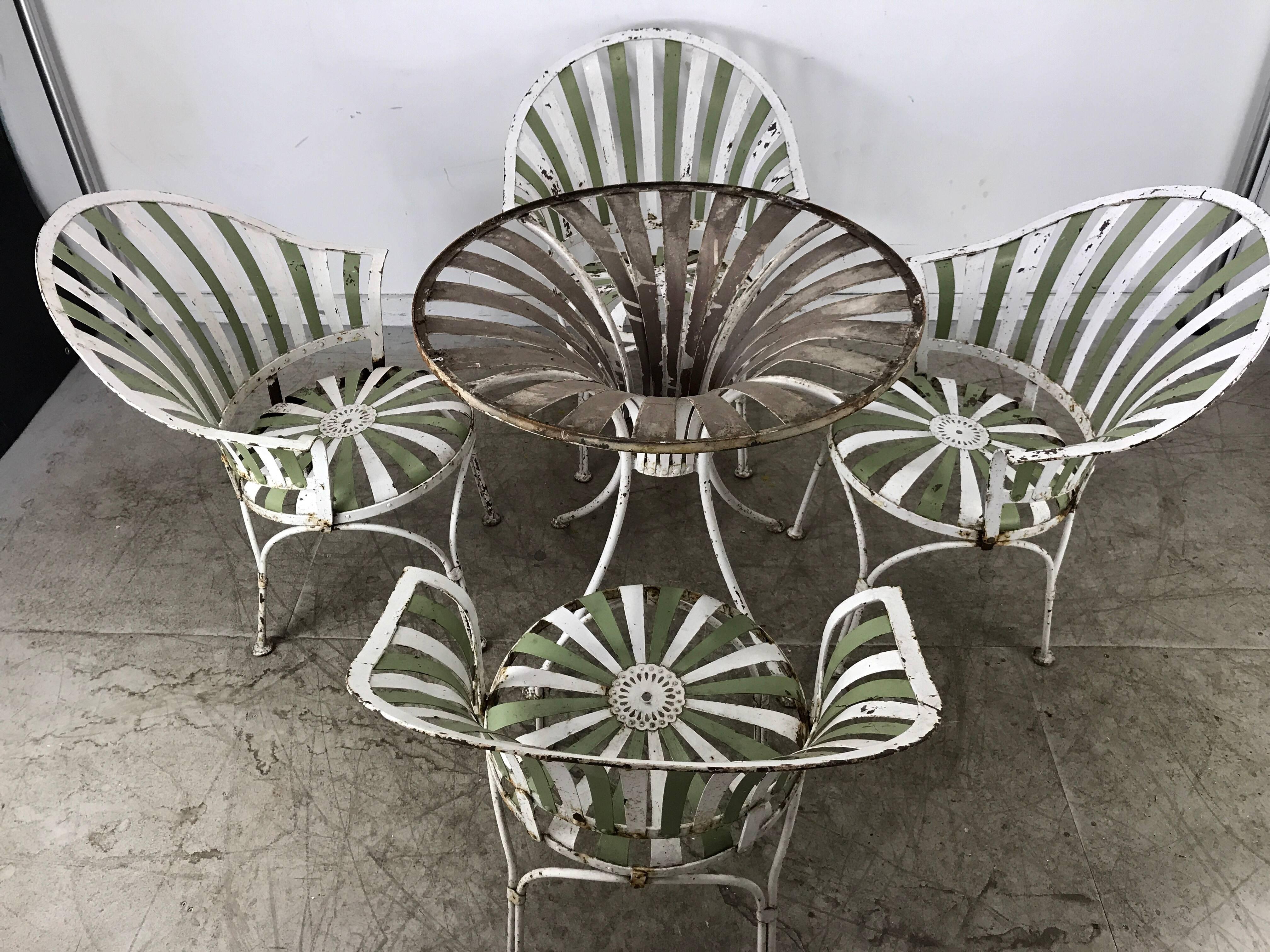 French 1930s Art Deco Metal Fan Back Garden Set, Table and Chairs by Francois Carre