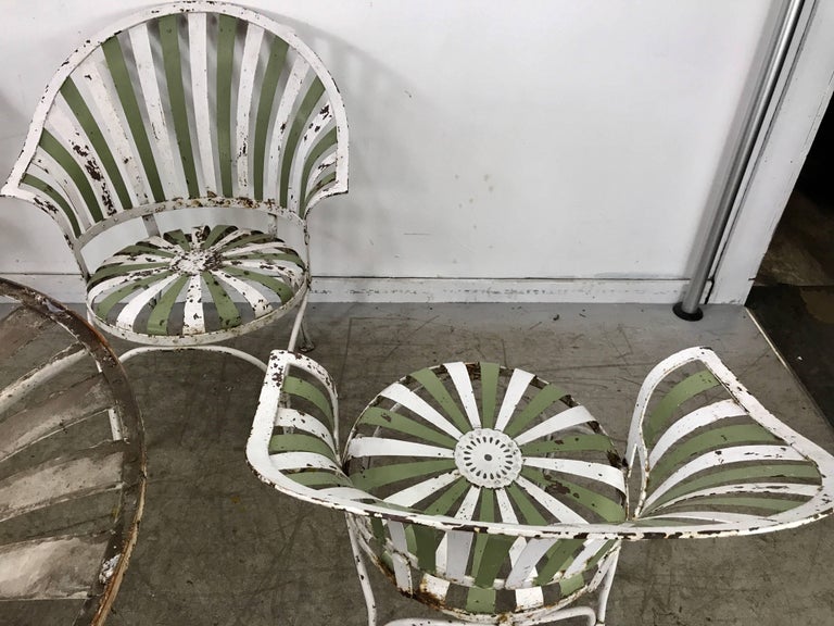 1930s Art Deco Metal Fan Back Garden Set, Table and Chairs by Francois