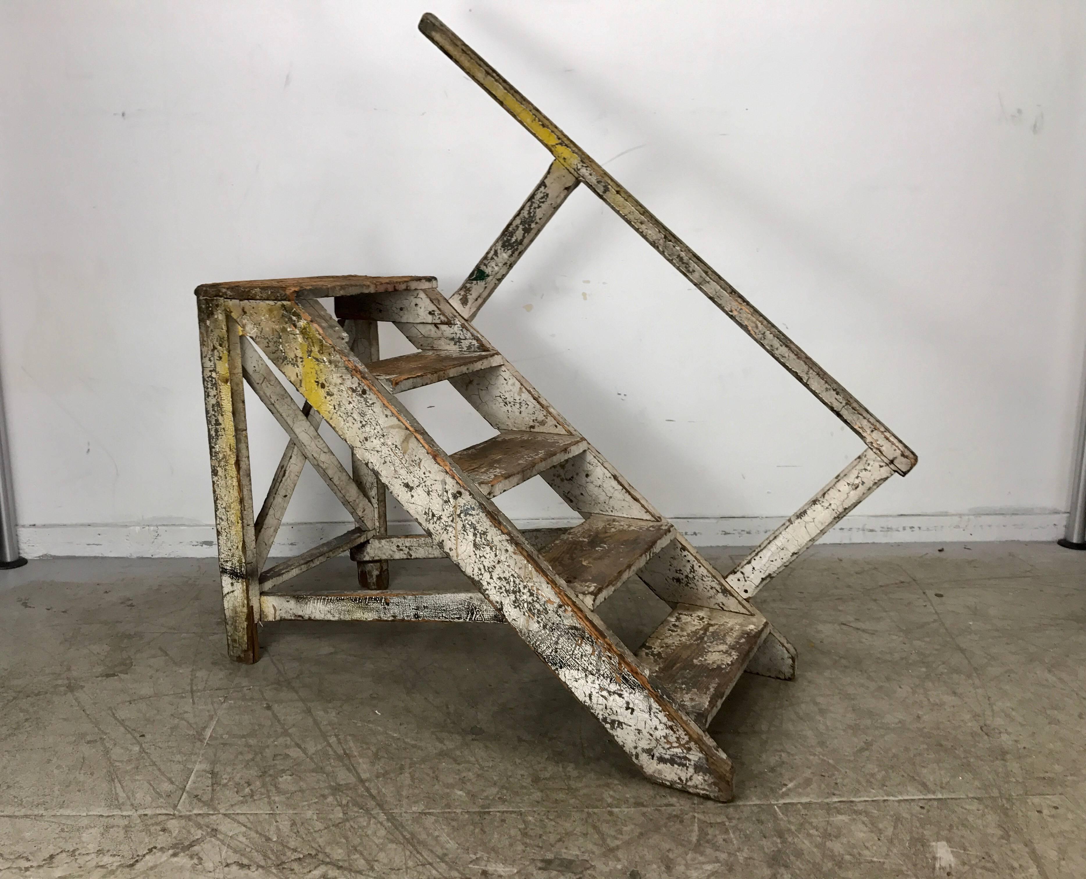 Industrial Antique, Late 1800s Factory Steps or Platform Ladder with Railing