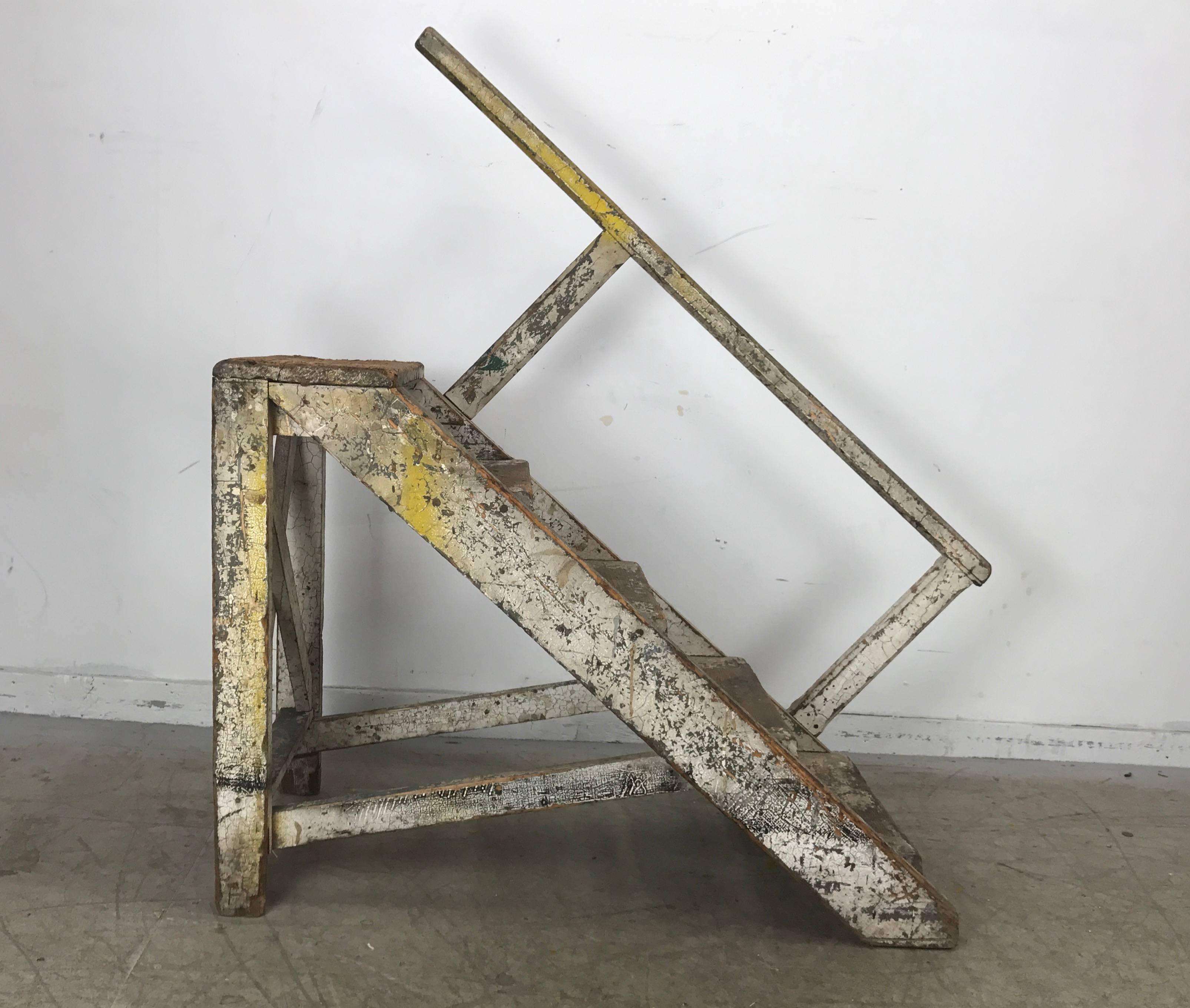 Antique, late 1800s Factory Steps or Platform Ladder with beveled railing, Amazing patina. color and surface, Well built, sturdy. Hand delivery avail to New York City or anywhere en route from Buffalo New York.