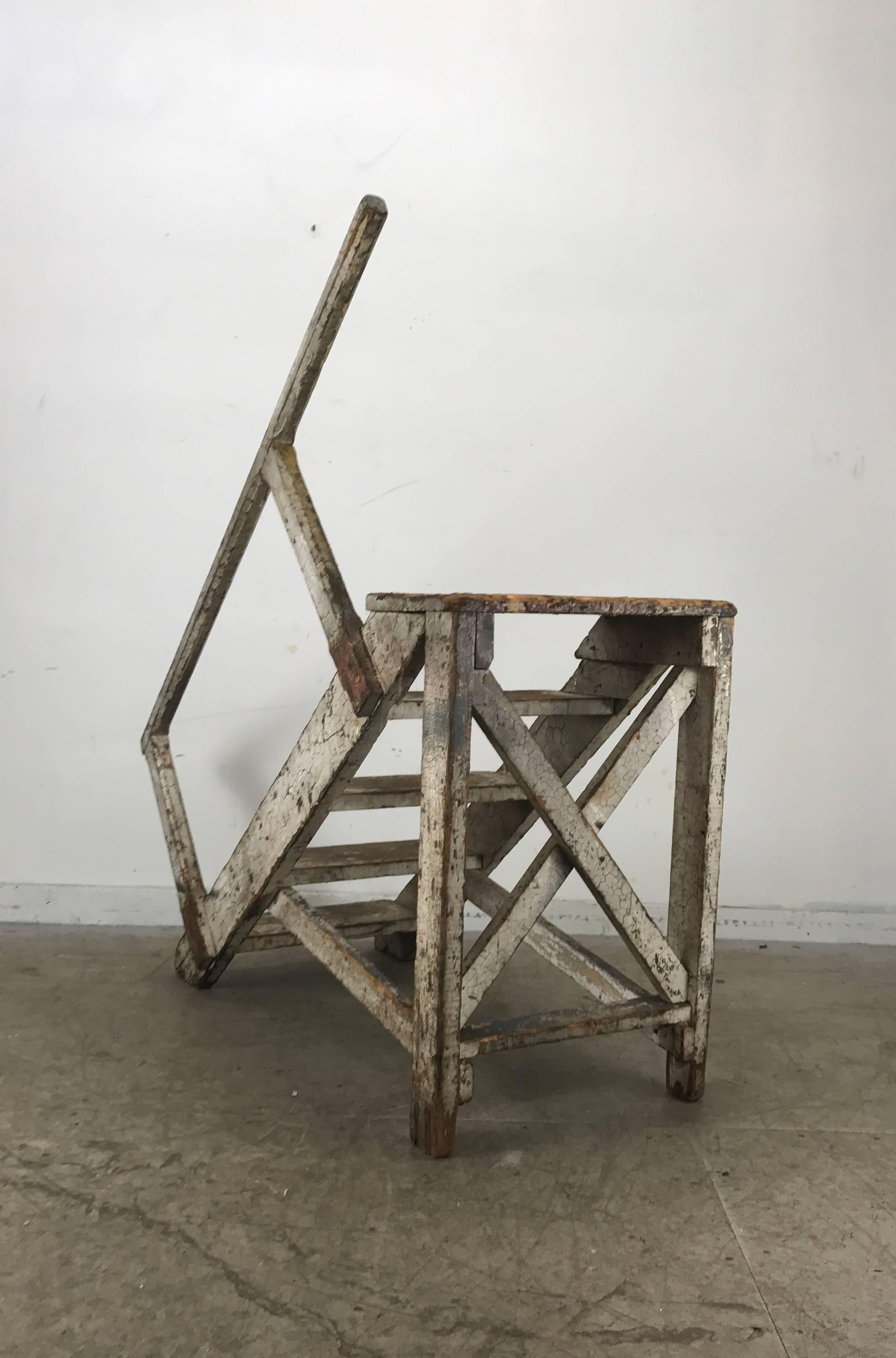 Painted Antique, Late 1800s Factory Steps or Platform Ladder with Railing