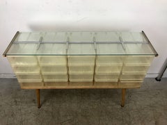 Unusual Mid-Century Modern Store Fixture, Plastic, Wood and Glass, 20 Cubbies