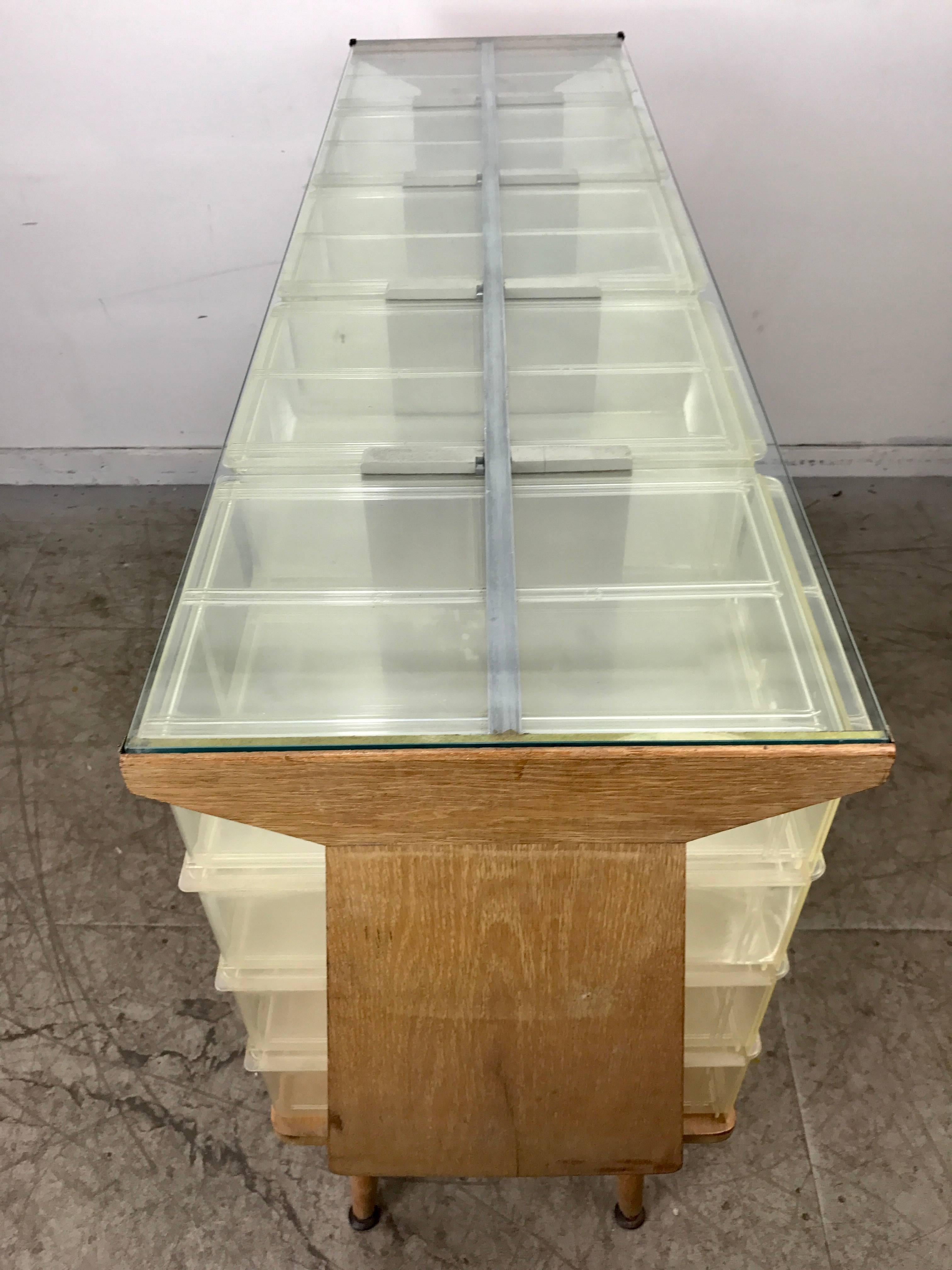 American Unusual Mid-Century Modern Store Fixture, Plastic, Wood and Glass, 20 Cubbies For Sale