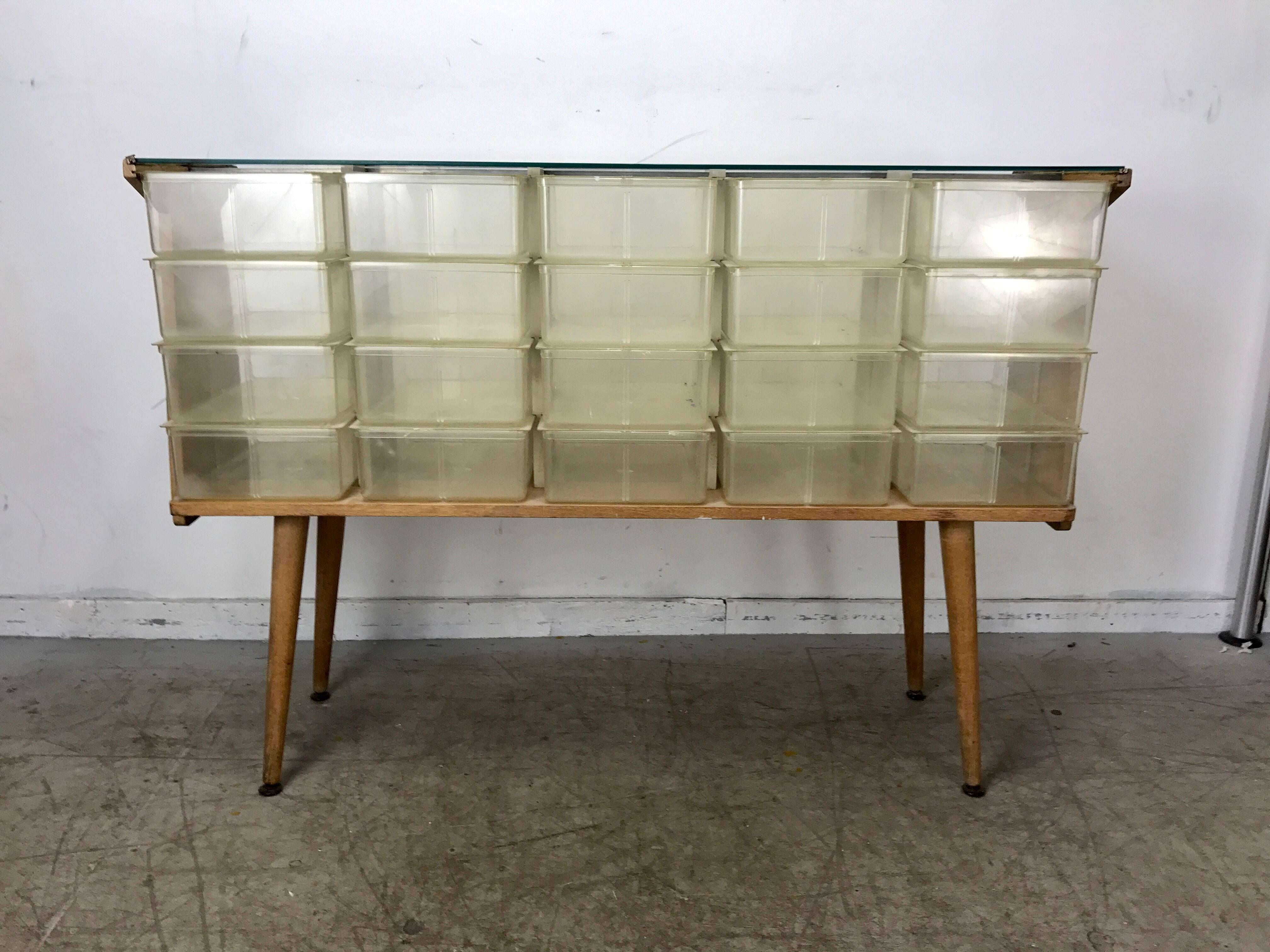 Unusual Mid-Century Modern Store Fixture, Plastic, Wood and Glass, 20 Cubbies In Good Condition For Sale In Buffalo, NY