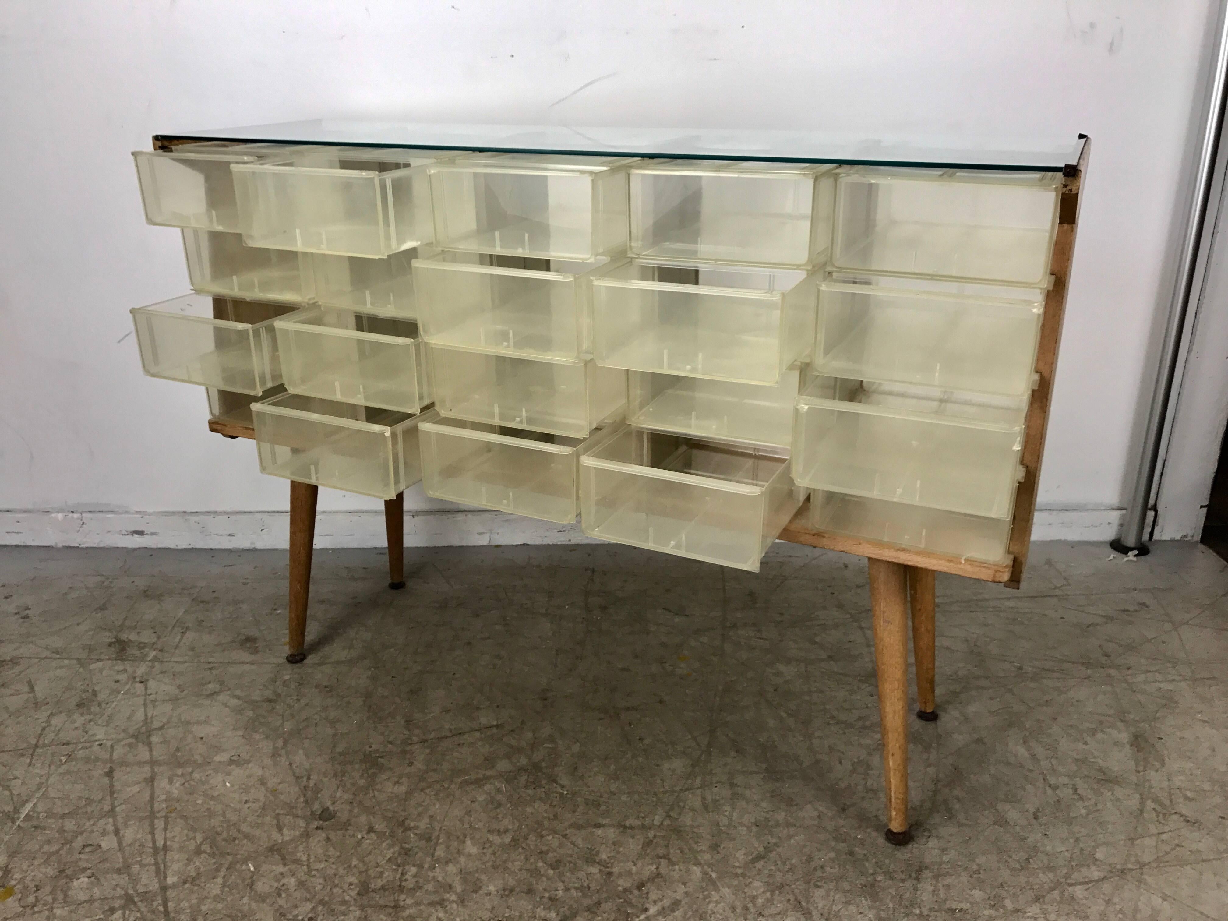 20th Century Unusual Mid-Century Modern Store Fixture, Plastic, Wood and Glass, 20 Cubbies For Sale