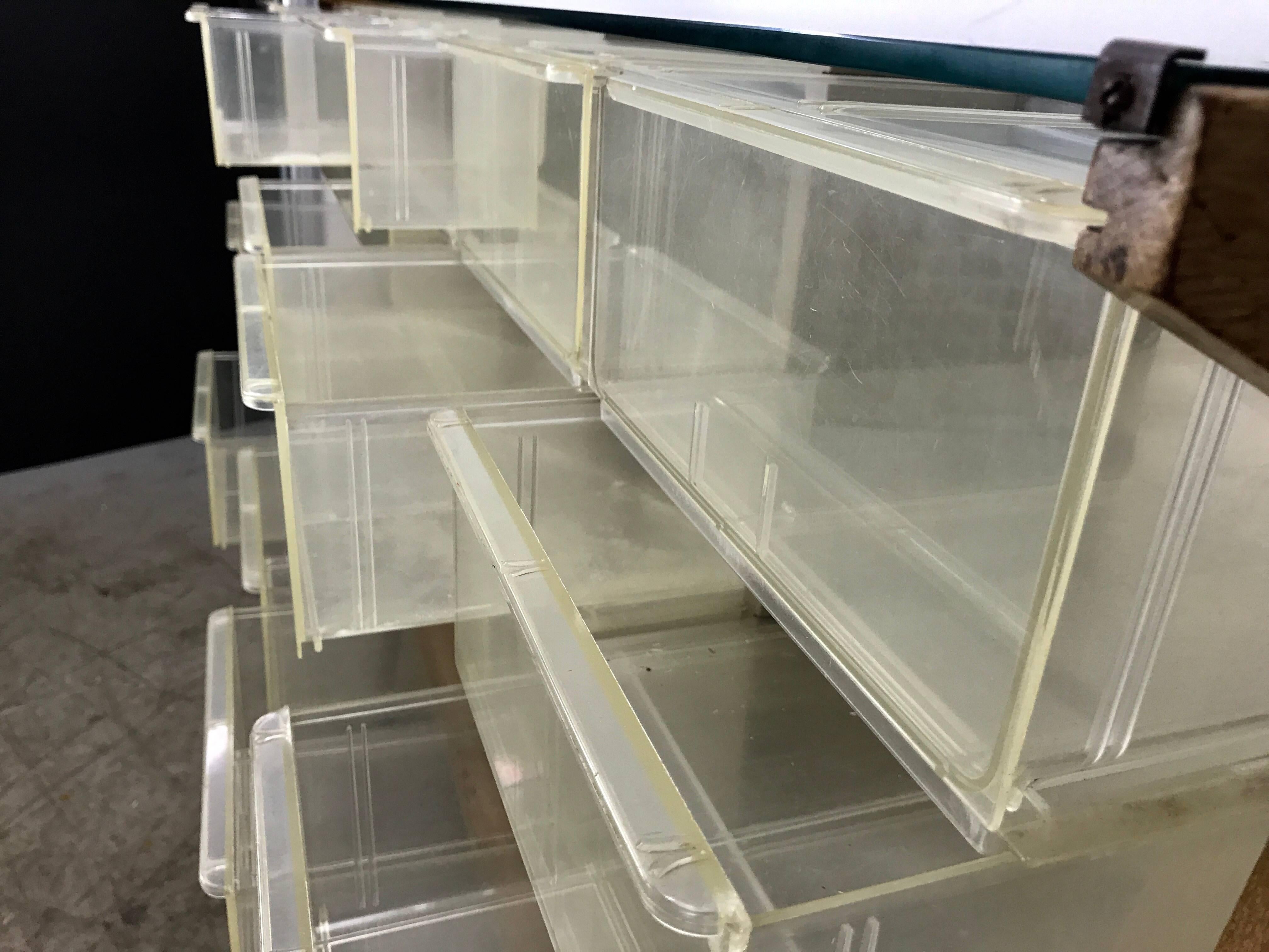 Unusual Mid-Century Modern Store Fixture, Plastic, Wood and Glass, 20 Cubbies For Sale 1
