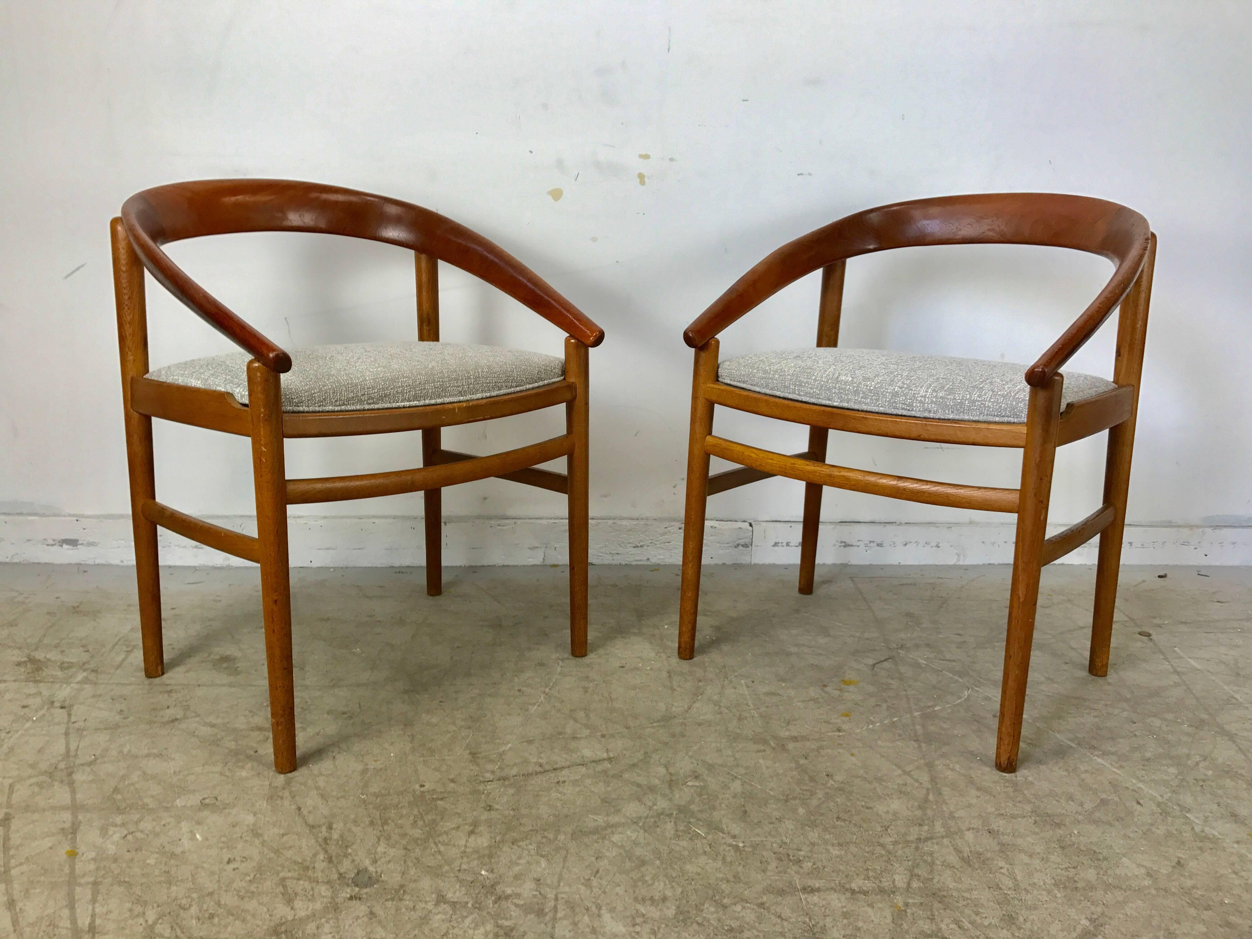 Classic Danish modern oak and curved teak armchairs, George Tanier selection for Sibast Mobler, designed by H. Brockmann-Petersen. Wonderful sculptural frame. Recently reupholstered. Stunning.