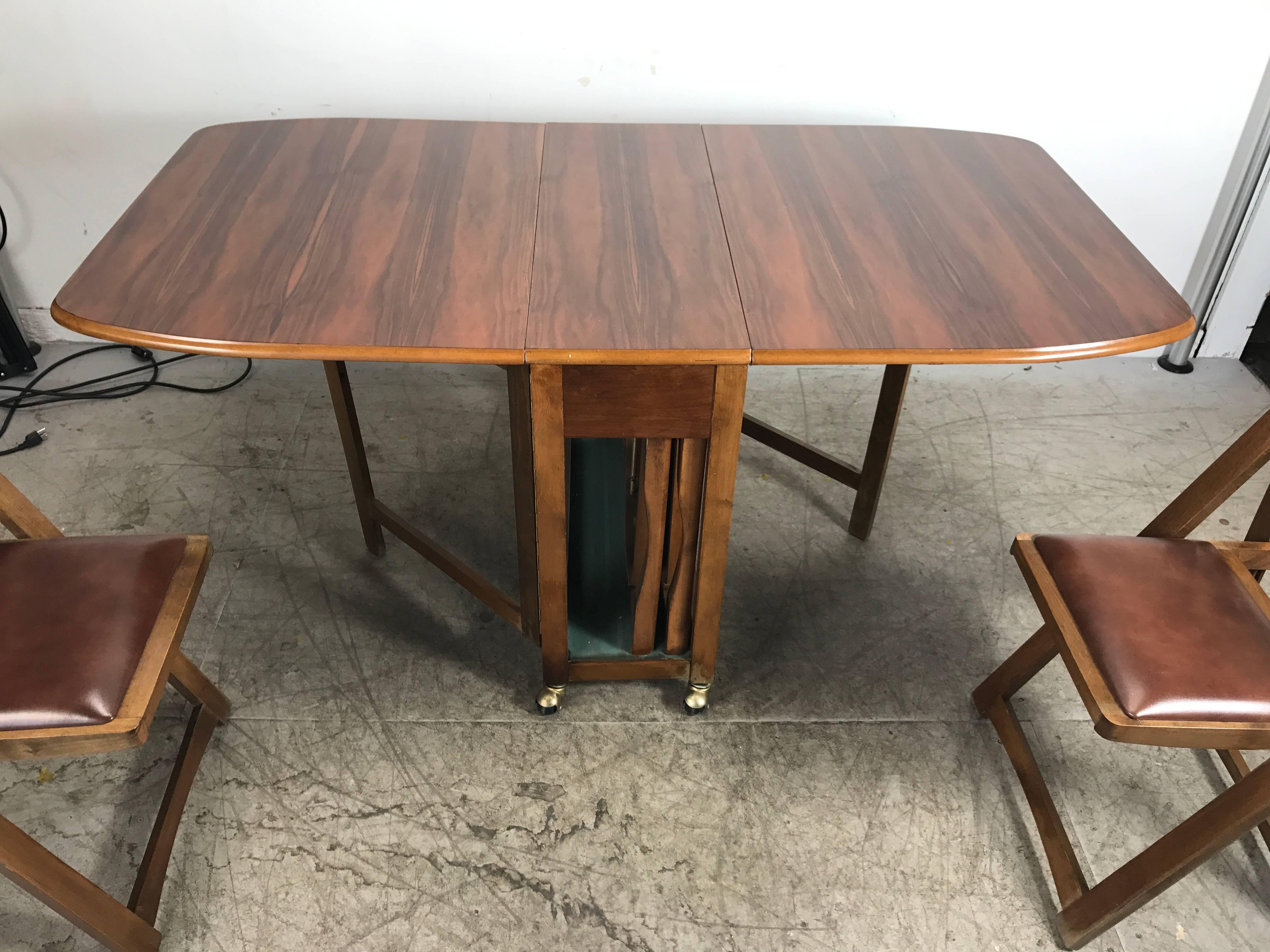 Mid-Century Modern Modernist Suitcase Dining Table, Fold Down, Compact Self Stored Chairs