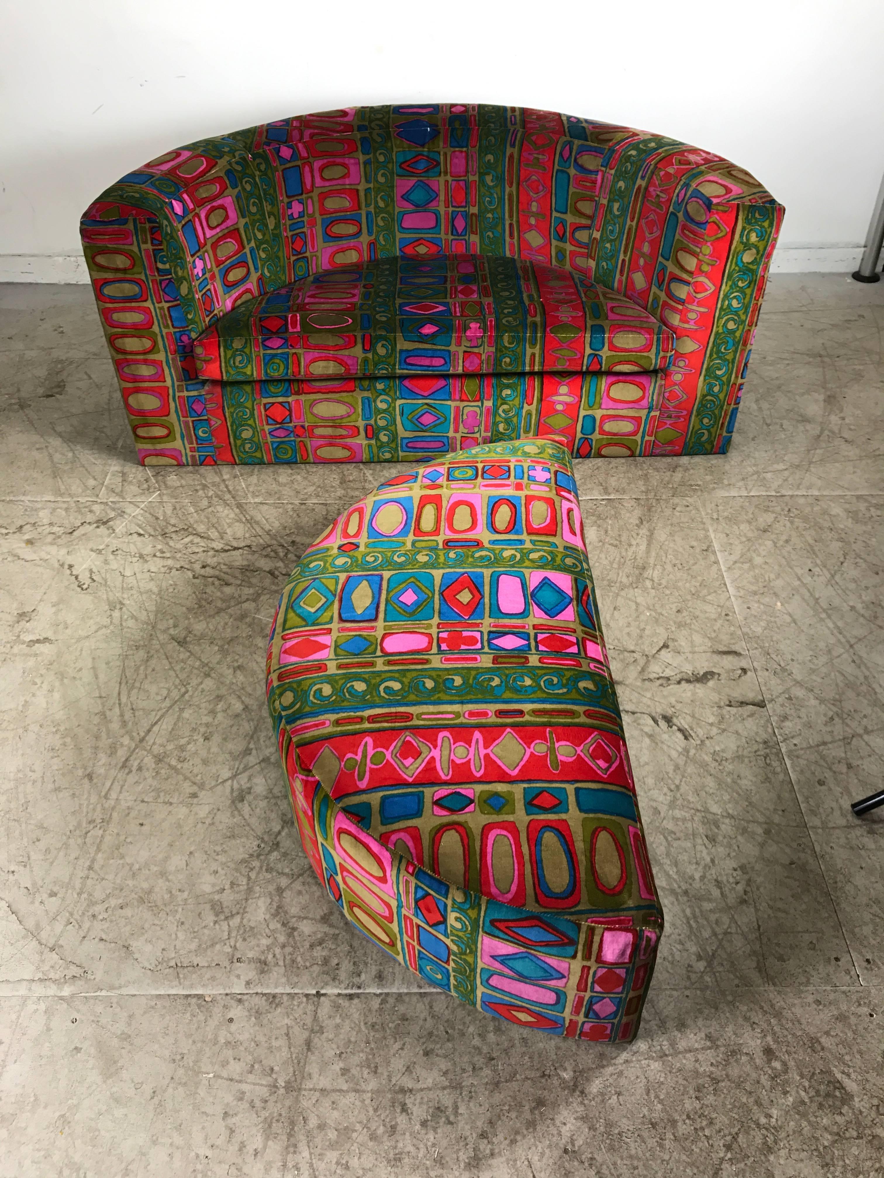 Fabric Rare Oversized Wedge Chair and Ottoman by Thayer Coggin, Jack Lenor Larsen