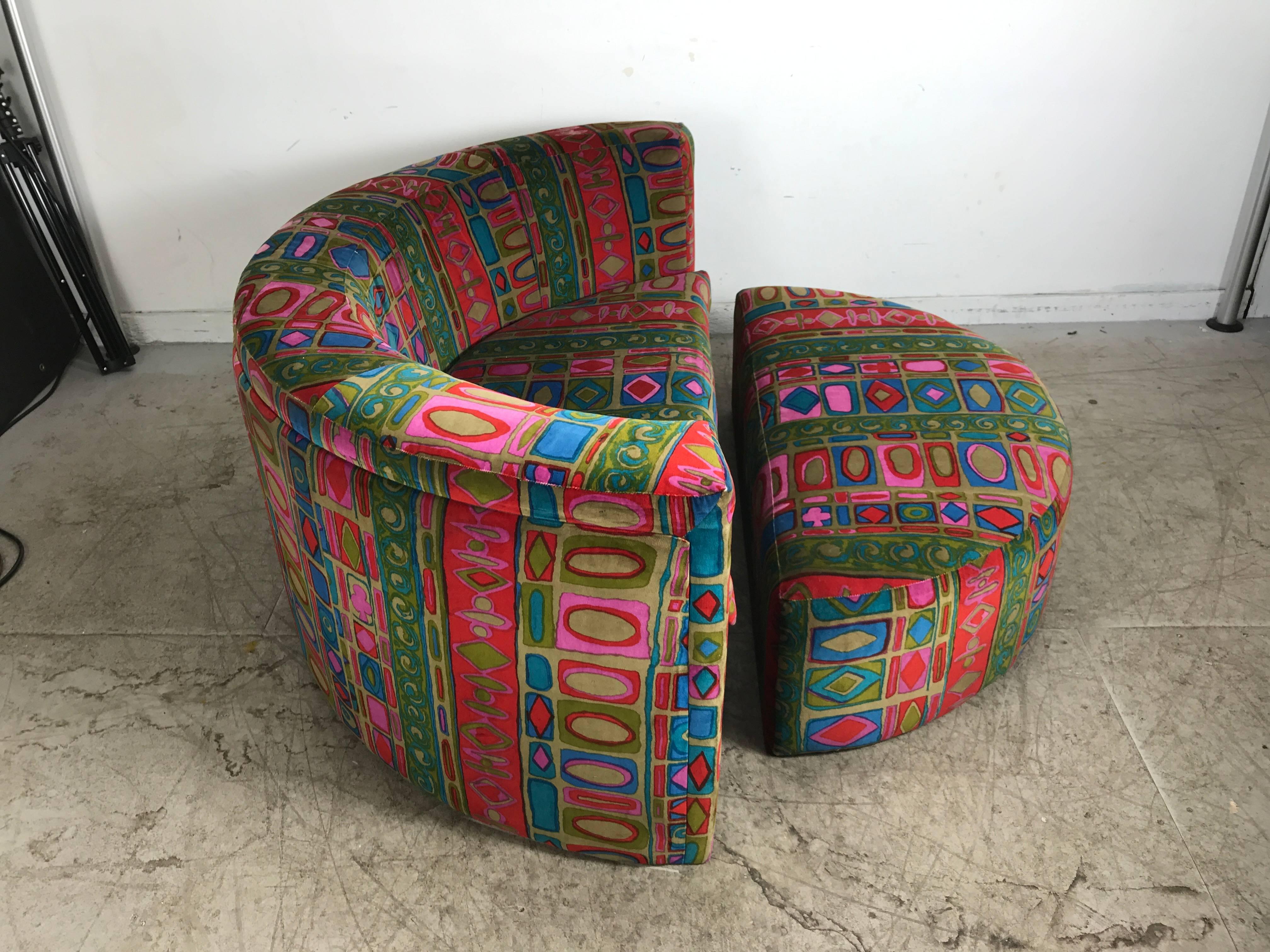 Rare Oversized Wedge Chair and Ottoman by Thayer Coggin, Jack Lenor Larsen In Excellent Condition In Buffalo, NY