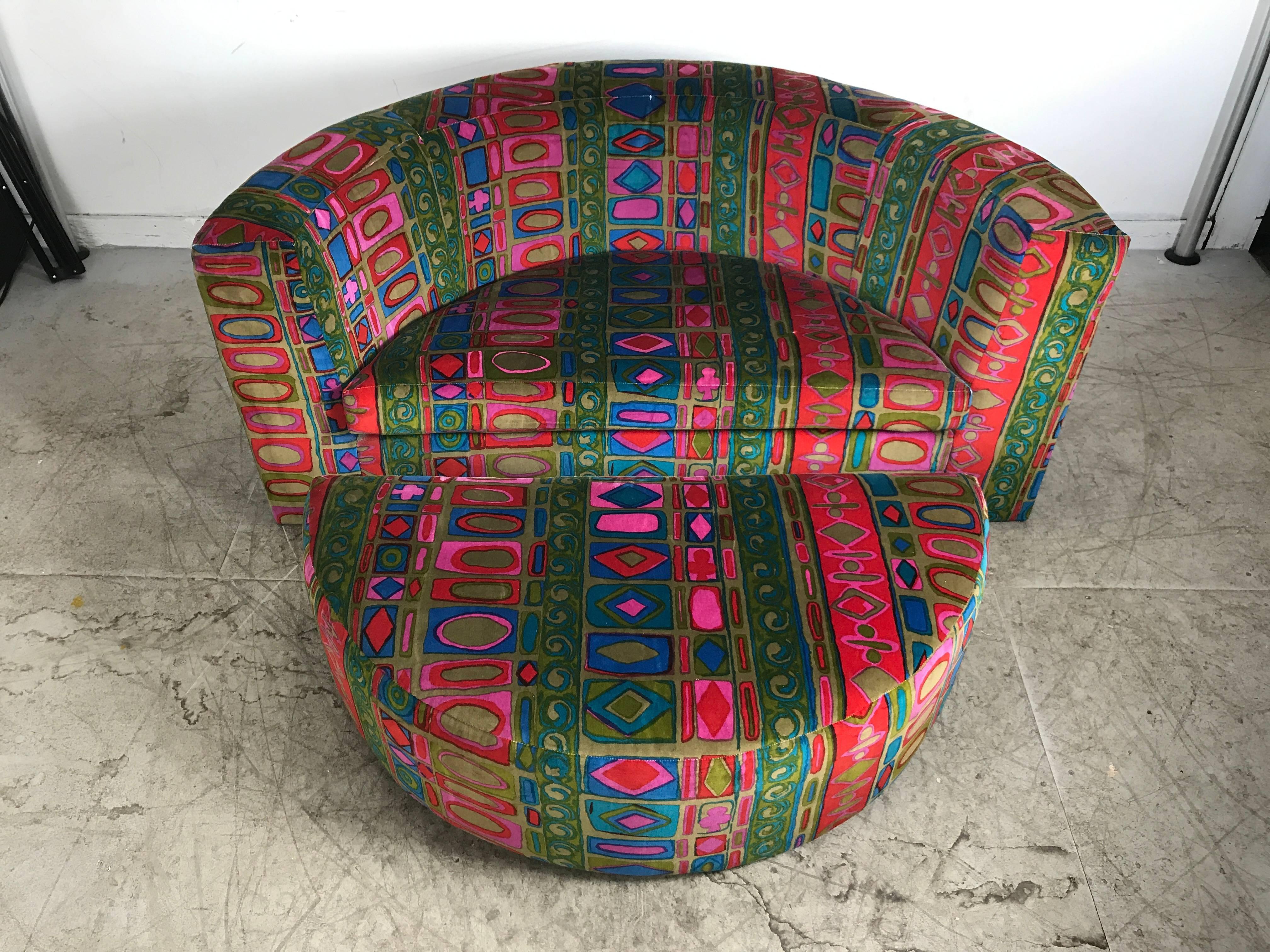 Rare oversized wedge chair and ottoman by Thayer Coggin, retains original Jack Lenor Larsen fabric, dated 1973, amazing original condition, chair measures 60 inches wide by 30 in deep, ottoman 43 in wide by 22 in deep, hand delivery avail to New