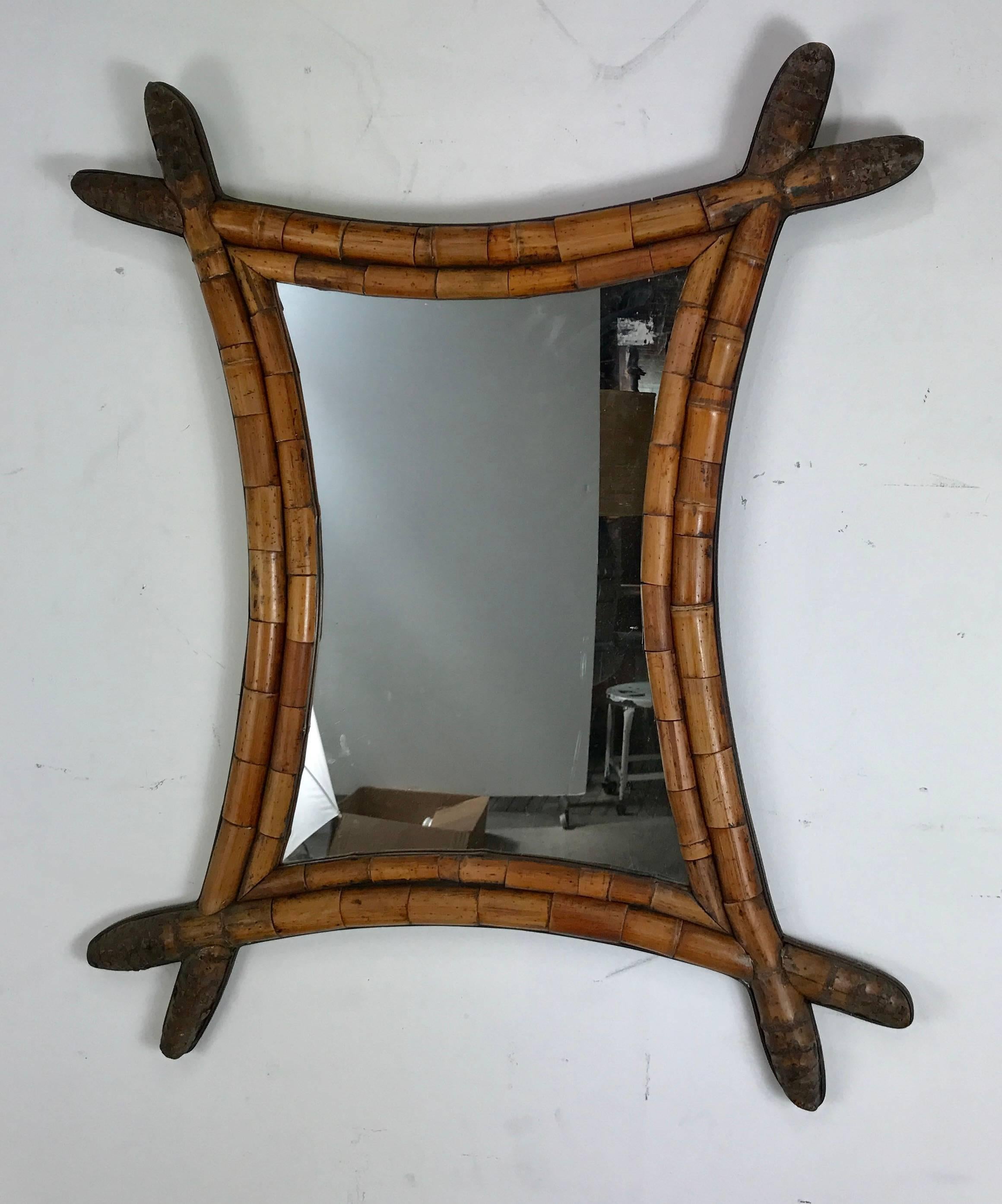 Early and Unusual Asian Style Bamboo Mirror In Good Condition In Buffalo, NY