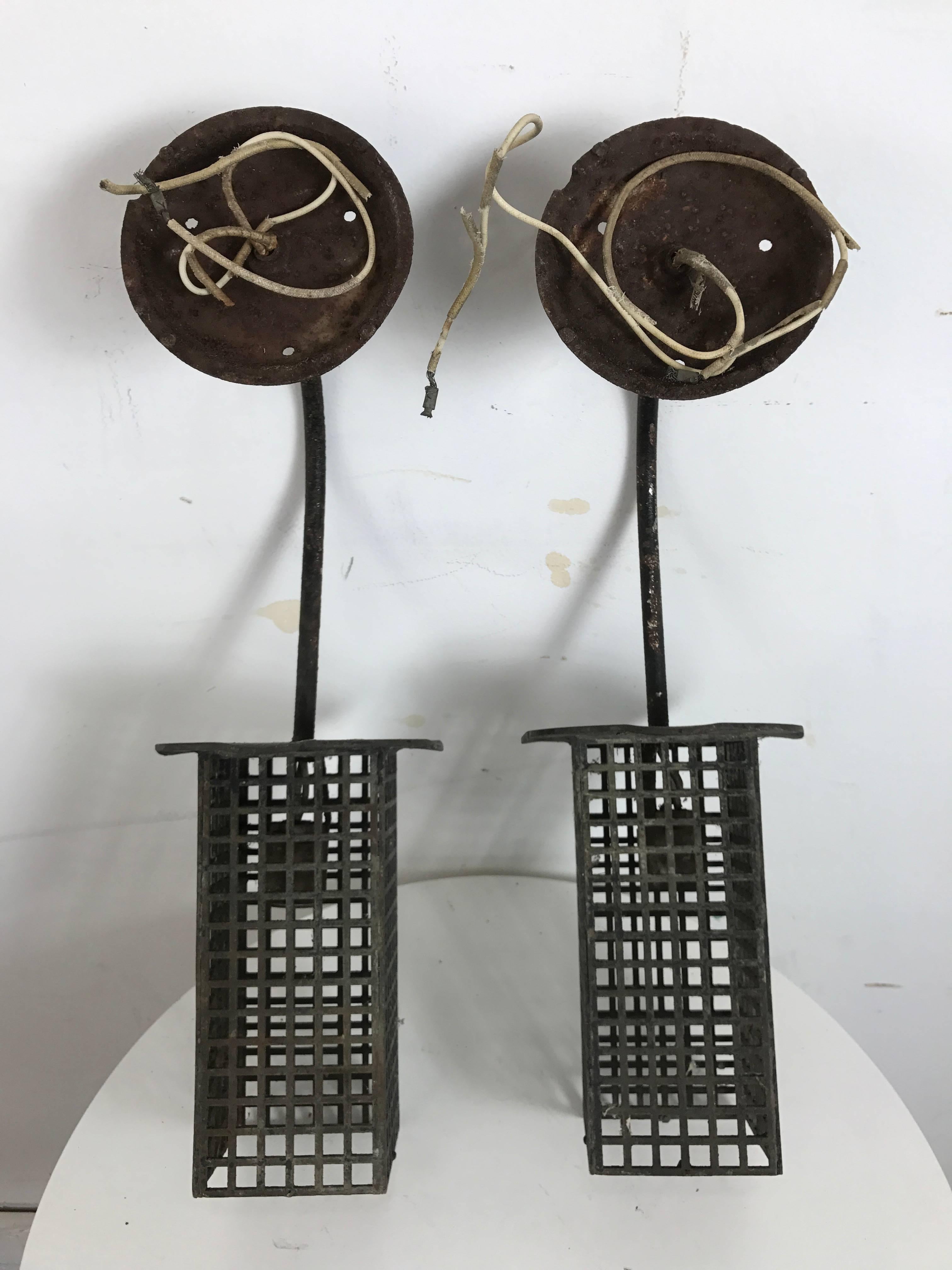 Modernist Jugendstil Iron Mesh Wall Sconces or Lanterns Manner of Josef Hoffmann In Distressed Condition In Buffalo, NY