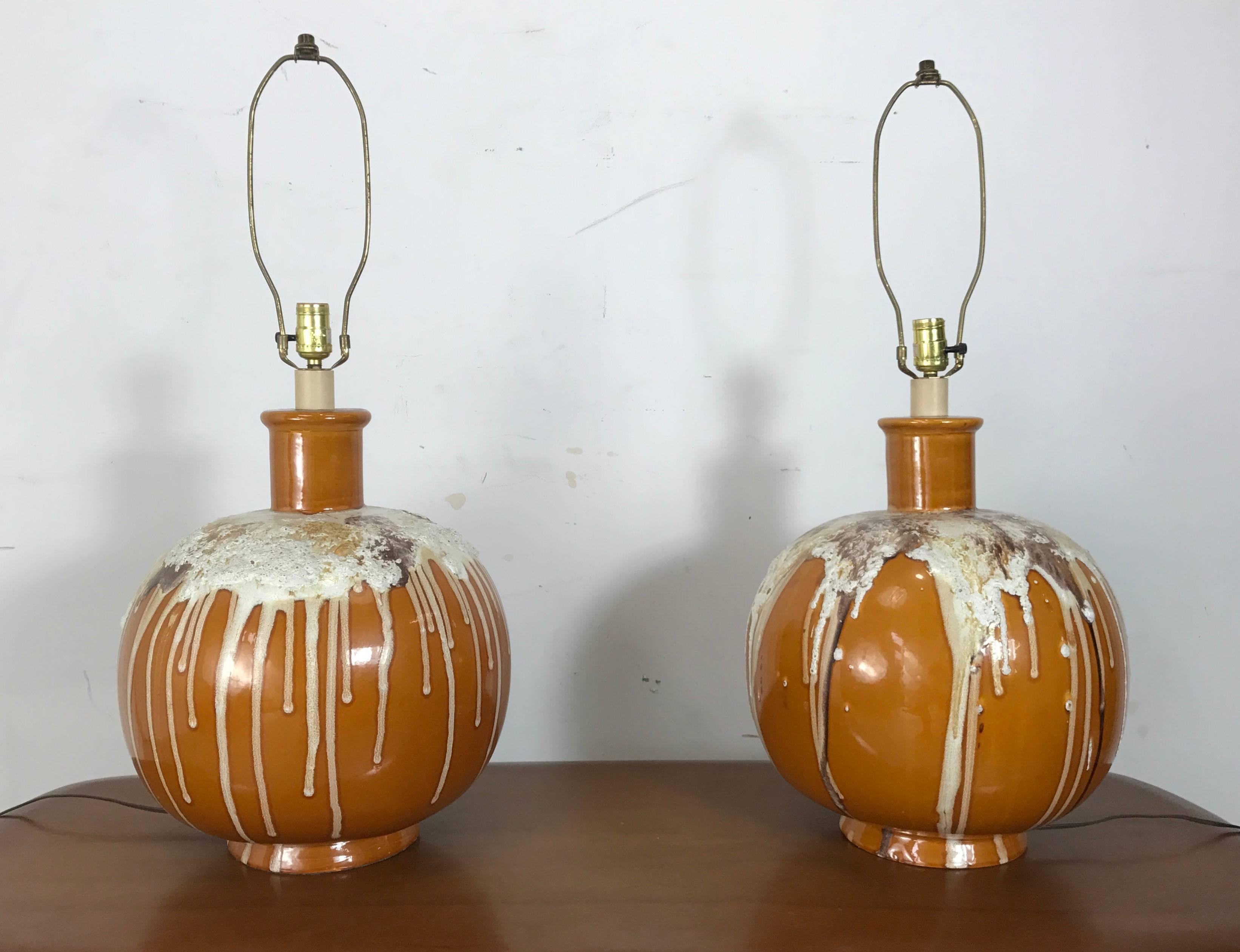 Large Mid-Century Modern Drip Glaze Italian Table Lamps In Excellent Condition In Buffalo, NY