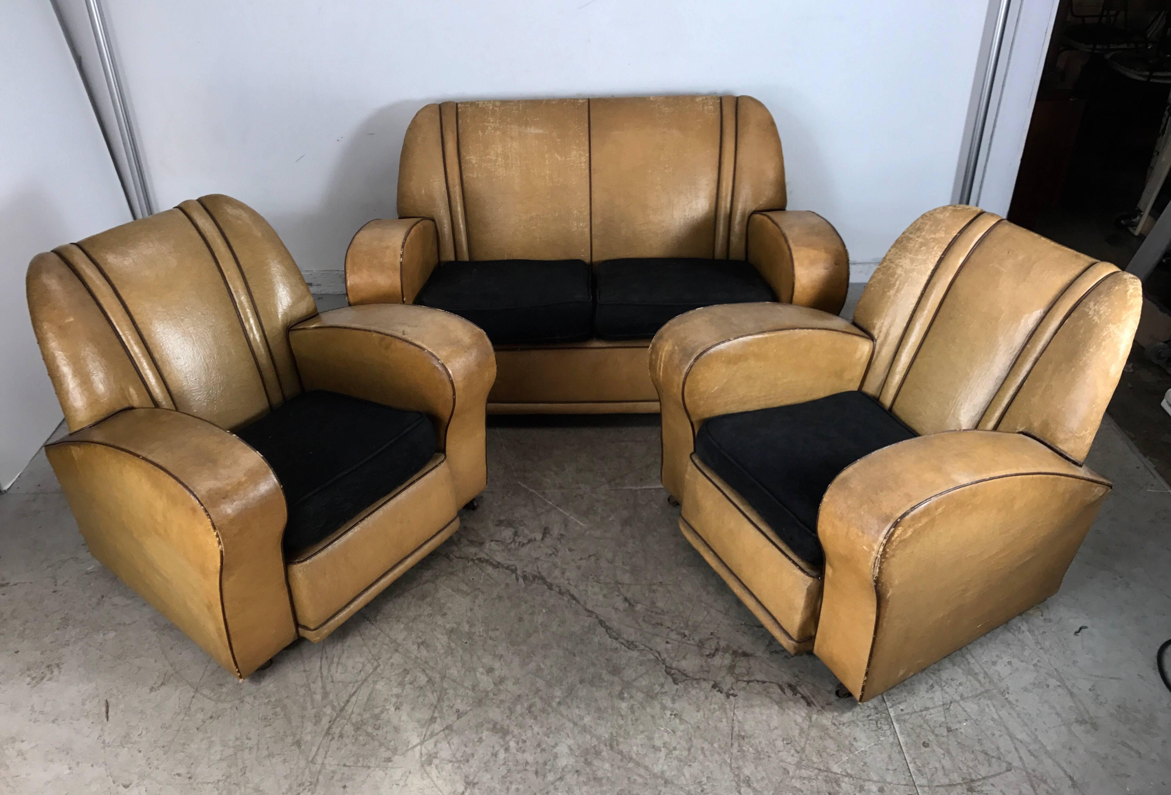 Belgian Three-Piece European Art Deco Suite, Matching Sofa and Club Chairs For Sale