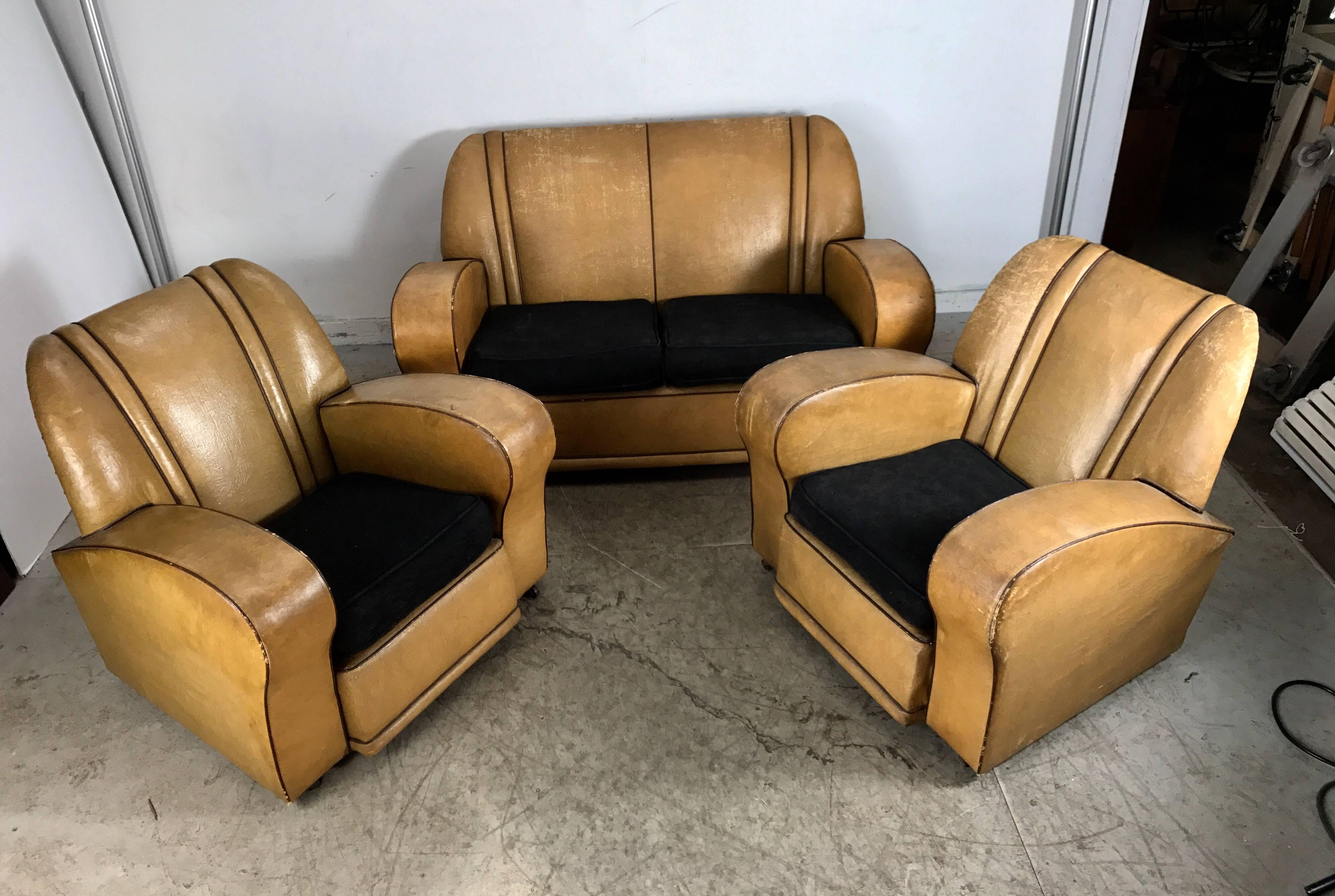 Three-Piece European Art Deco Suite, Matching Sofa and Club Chairs In Distressed Condition For Sale In Buffalo, NY