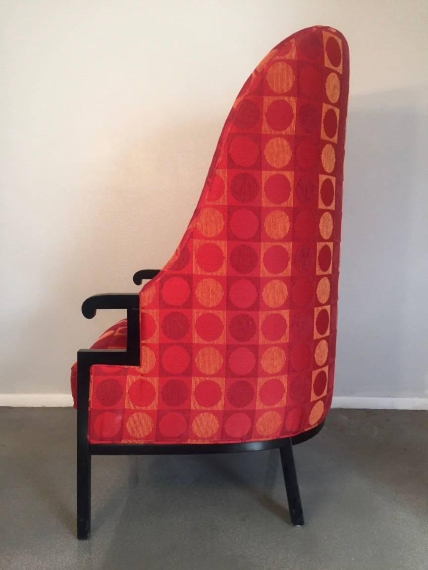 Stunning pair of high back chairs designed by Milo Baughman for Thayer Coggin, amazing Alexander Girard style, pop modernist fabric, black lacquer arms and base. Extremely comfortable, superior quality and construction.
