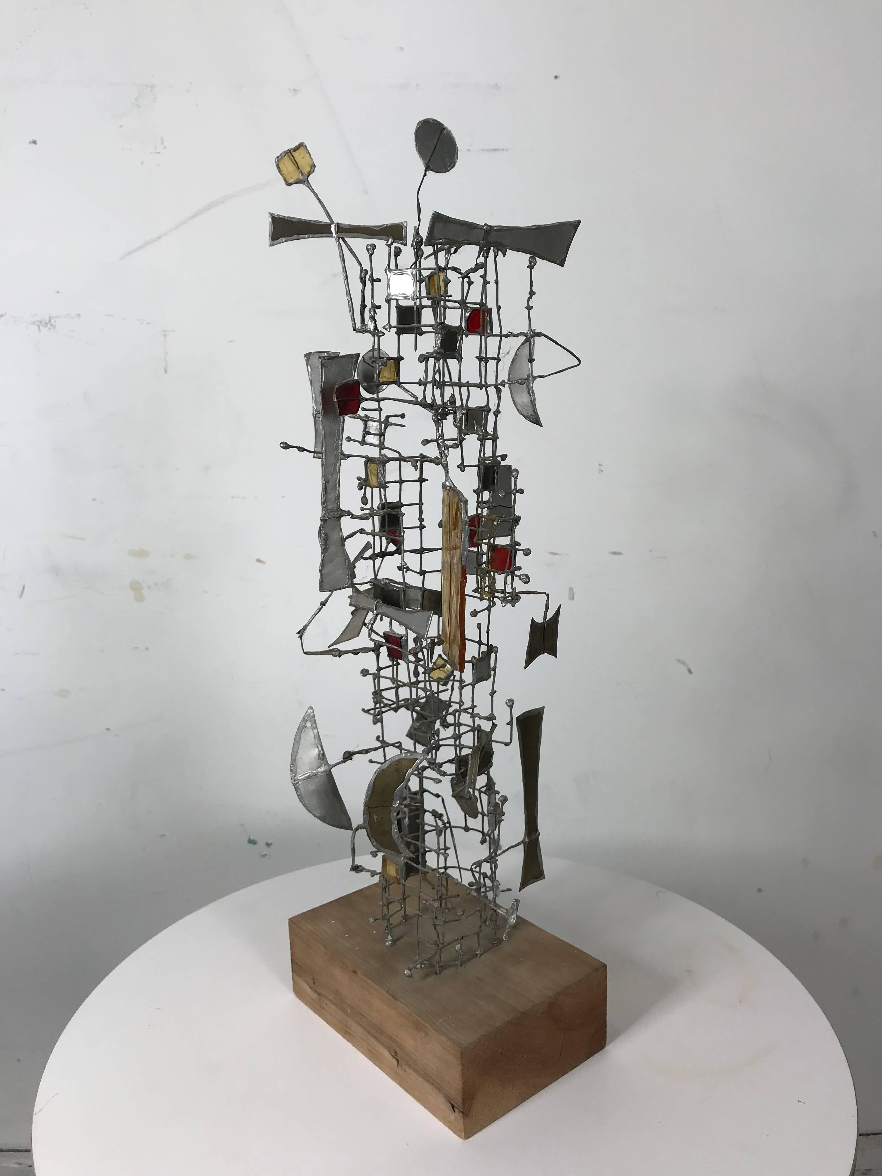 Modernist abstract metal and glass sculpture by Gertrude Schreiber ,Cranbrook student. Amazing visual, intricate execution, wonderful use of color form and space.