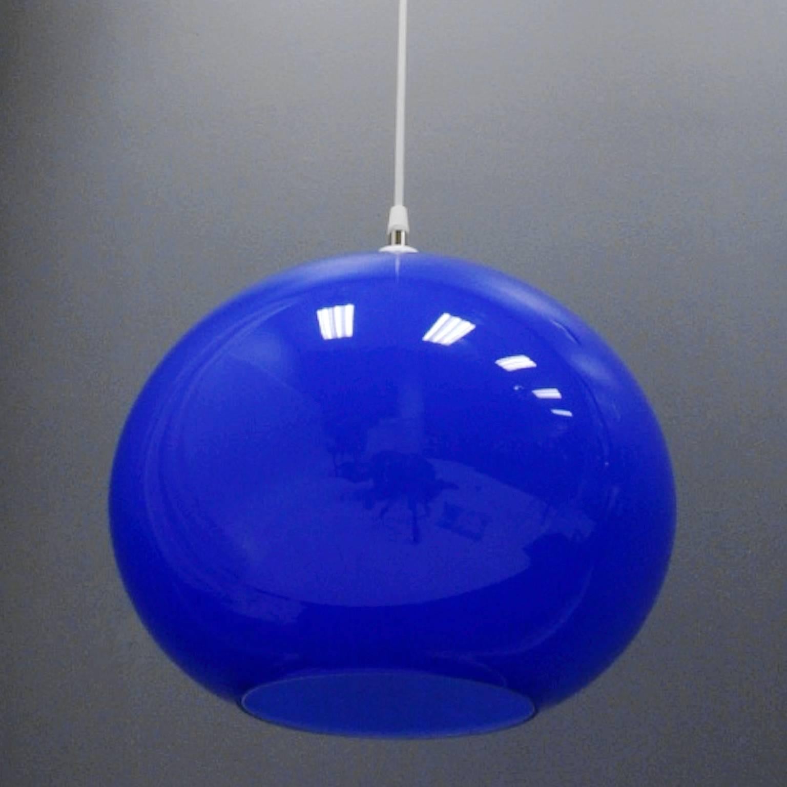 Italian Vistosi Hanging Blue Glass Globe Light Fixture Pendant