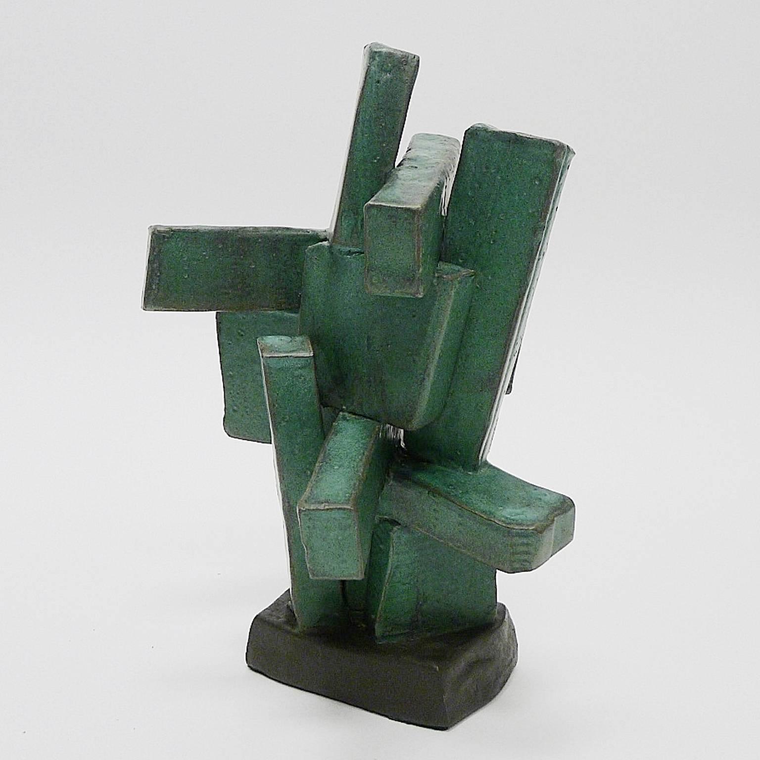 American Modernist TOTEM Ceramic Sculpture in Organic Green Glaze by Judy Engel