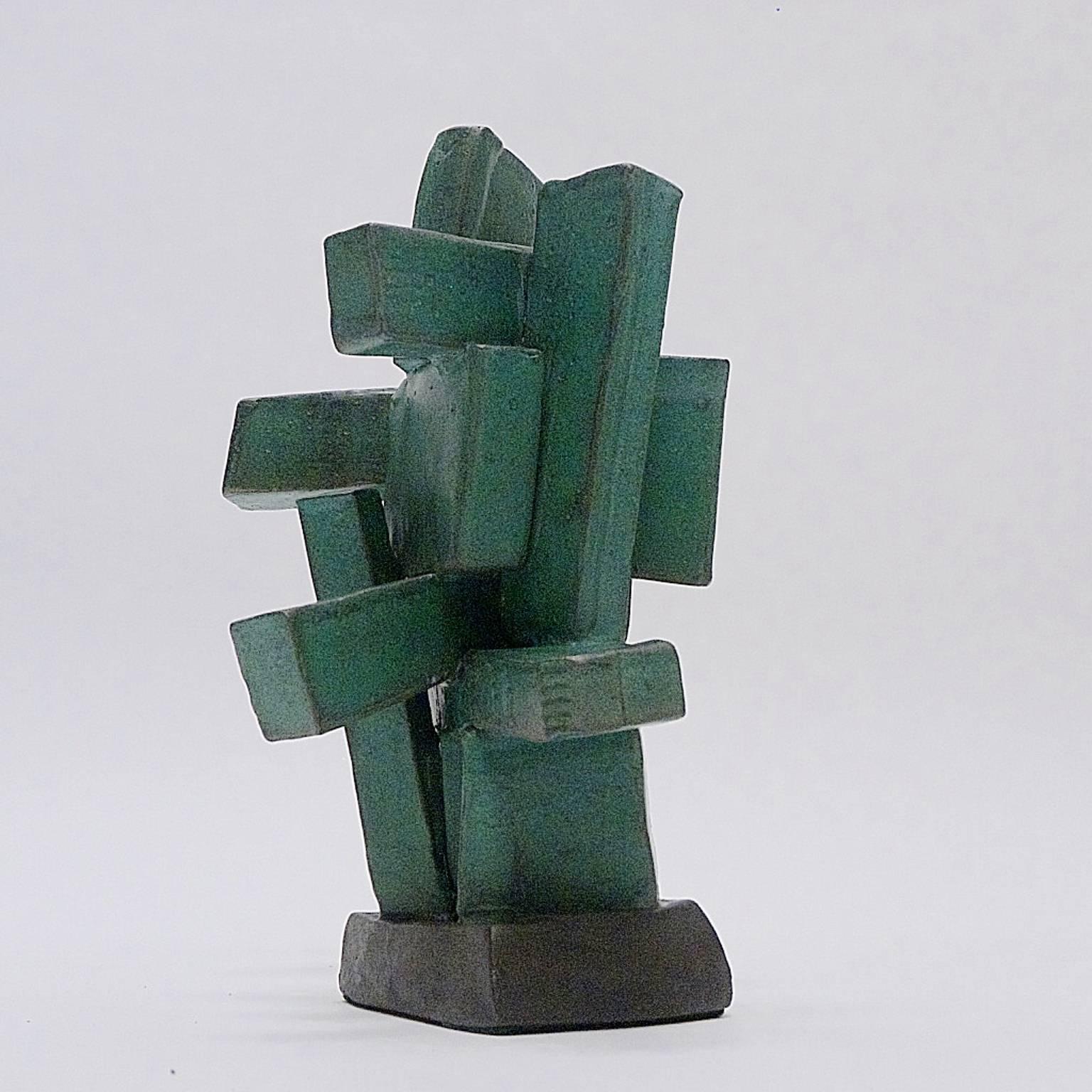 Glazed Modernist TOTEM Ceramic Sculpture in Organic Green Glaze by Judy Engel
