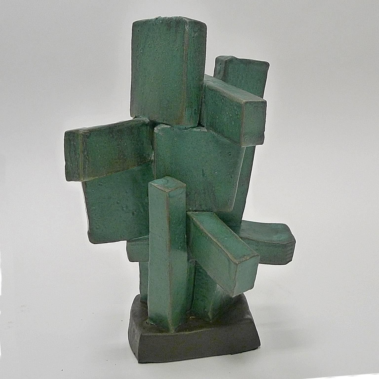 Contemporary Modernist TOTEM Ceramic Sculpture in Organic Green Glaze by Judy Engel