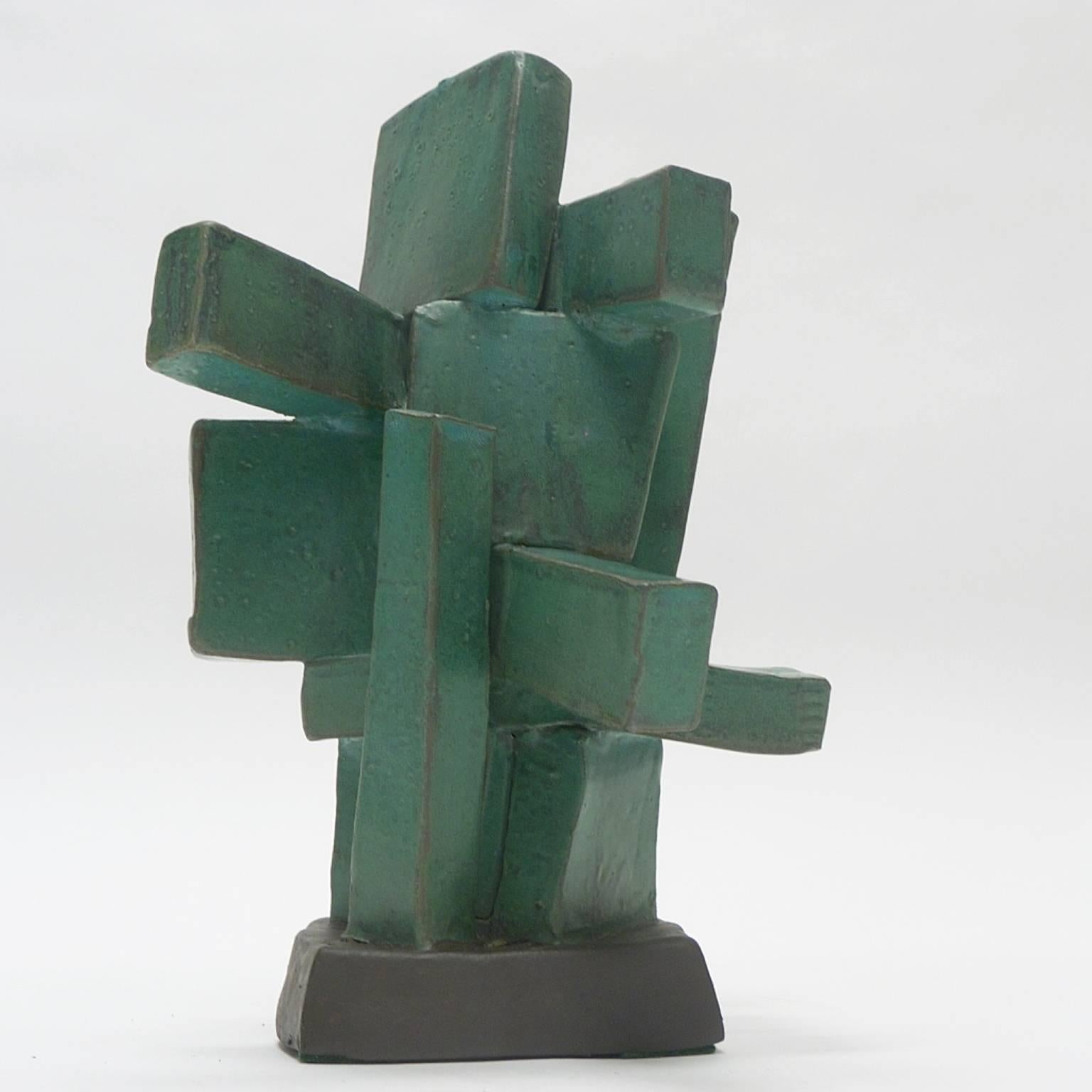 Modernist TOTEM Ceramic Sculpture in Organic Green Glaze by Judy Engel 1