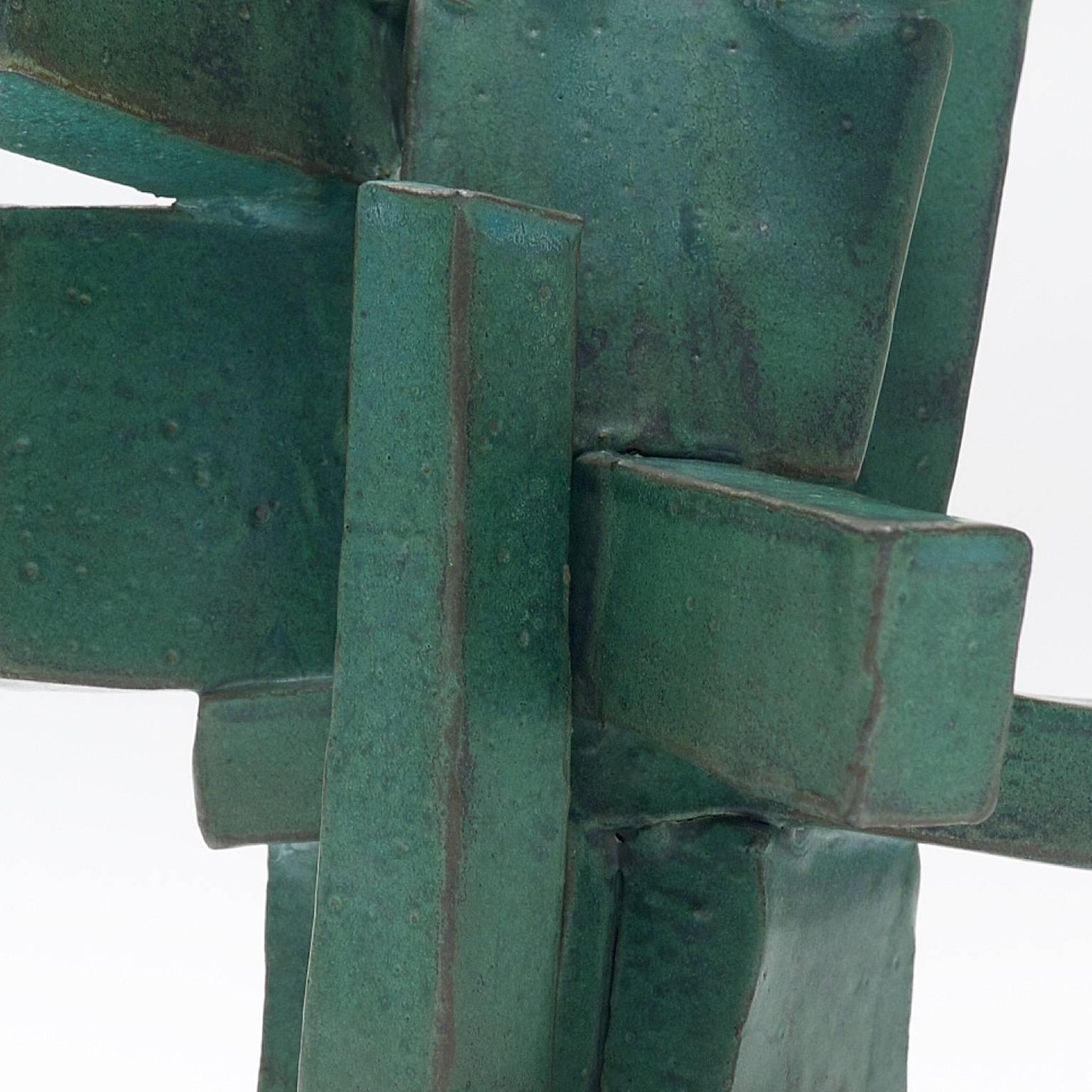 Modernist TOTEM Ceramic Sculpture in Organic Green Glaze by Judy Engel 2