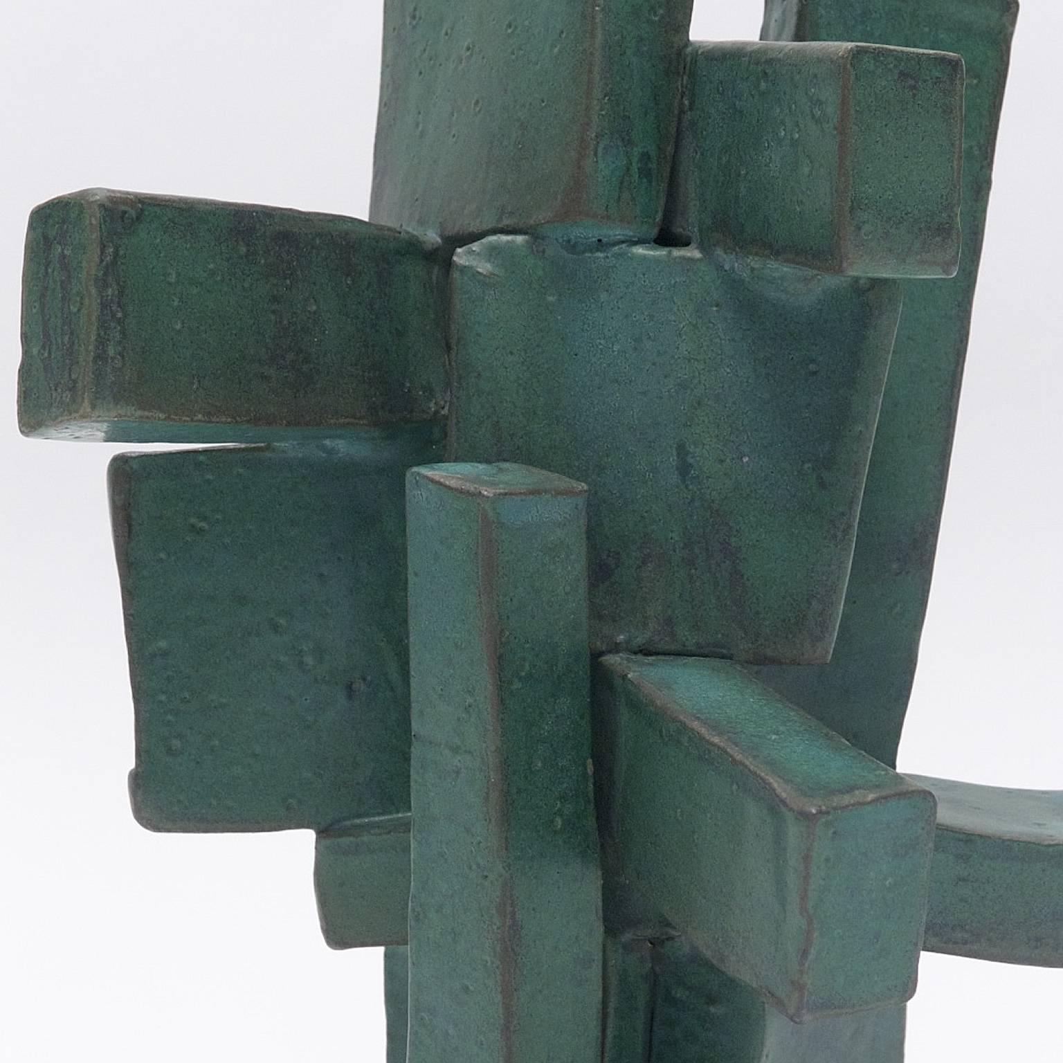 Modernist TOTEM Ceramic Sculpture in Organic Green Glaze by Judy Engel 3