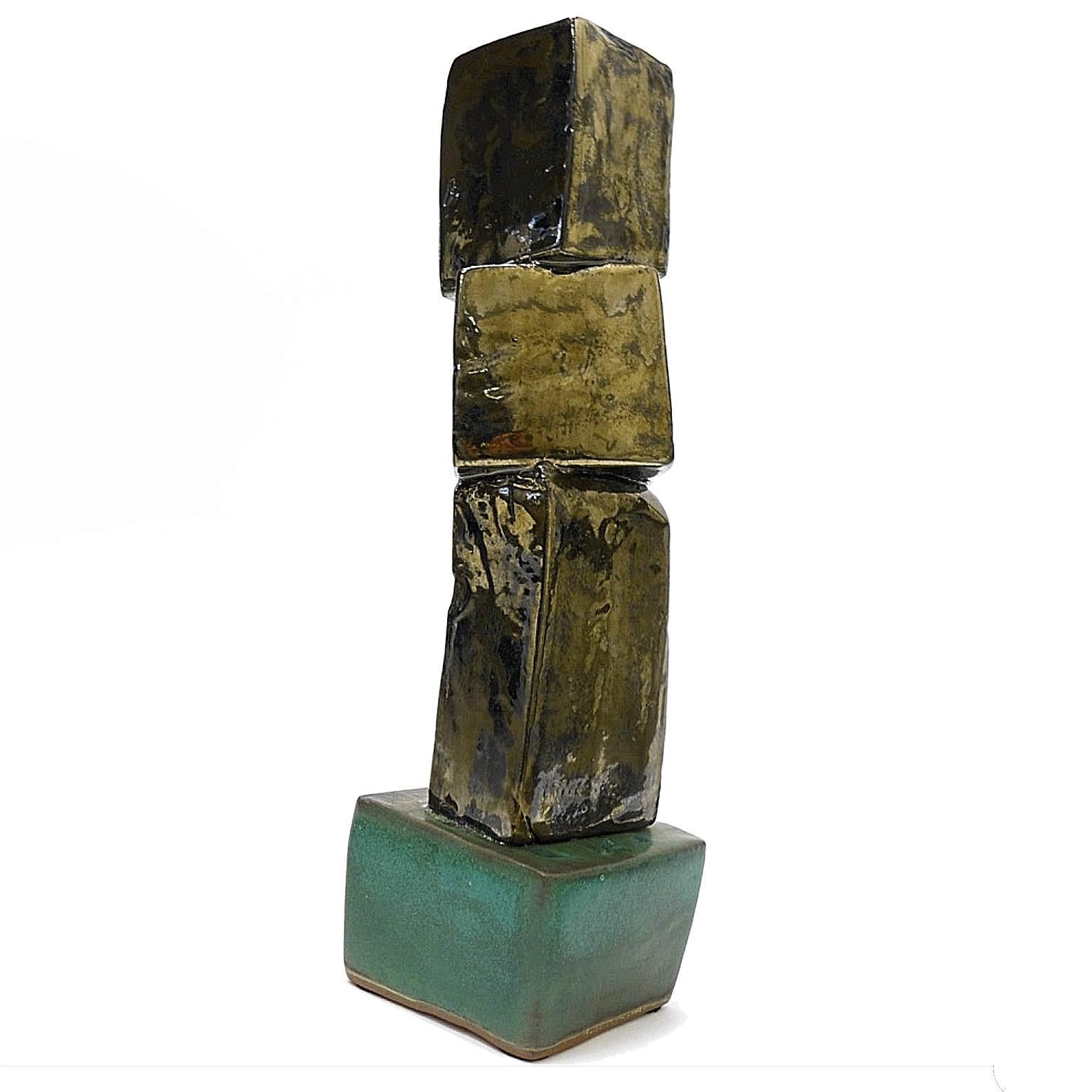 Metallic & Organic Green Glazed Brutalist Ceramic TOTEM Sculpture by Judy Engel In Excellent Condition In Hudson, NY