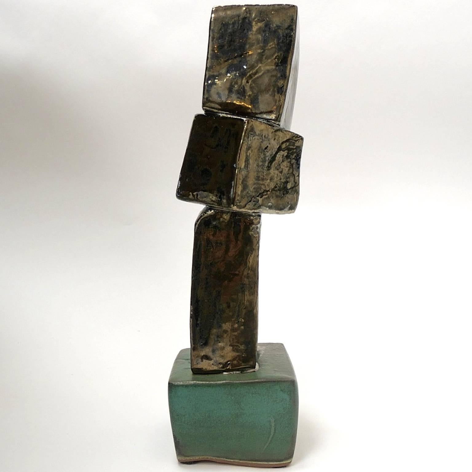 Contemporary Metallic & Organic Green Glazed Brutalist Ceramic TOTEM Sculpture by Judy Engel