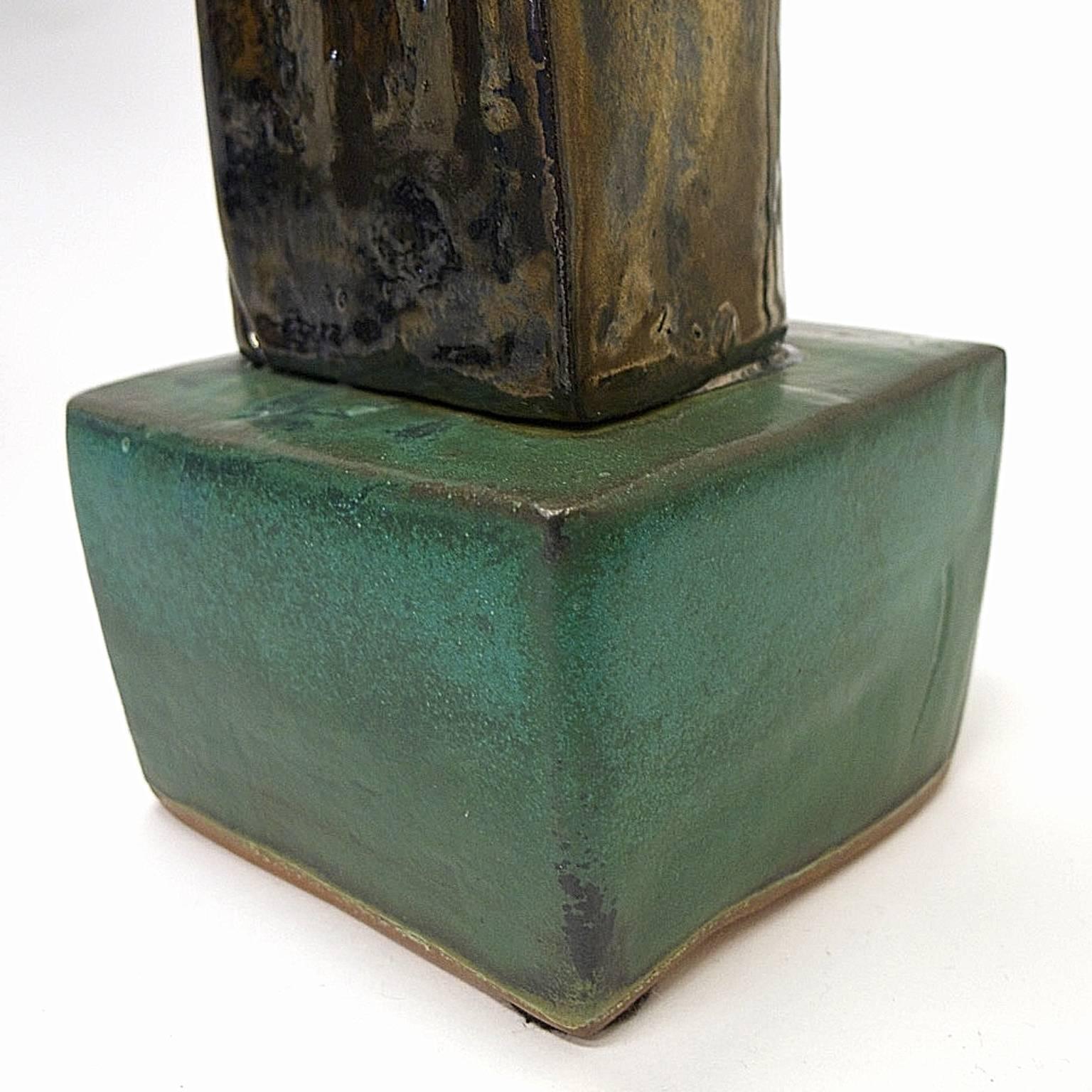 Metallic & Organic Green Glazed Brutalist Ceramic TOTEM Sculpture by Judy Engel 2